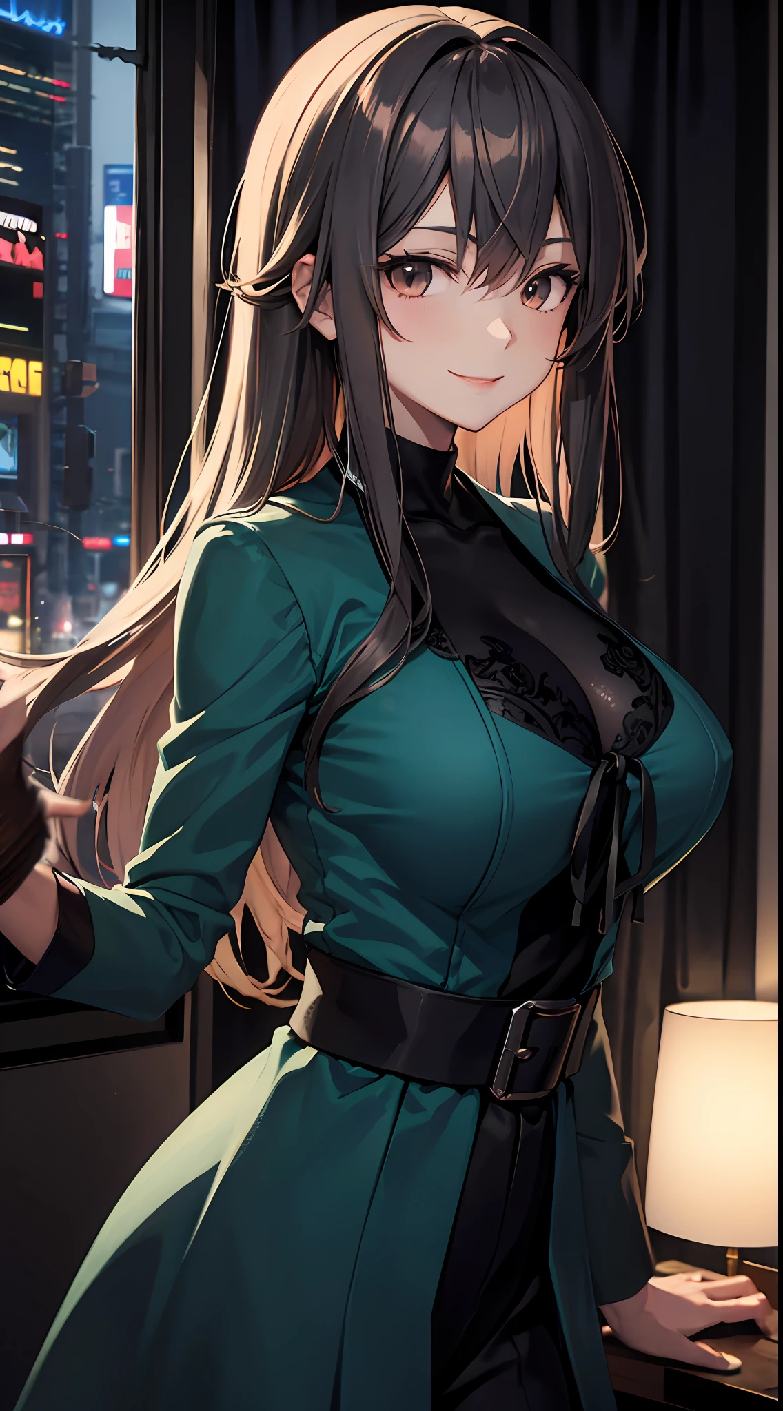 Anime girl with big breasts posing in front of the window, (chest wide open)), ((upper body)), ((focus on people)), ((((best smile)))), seductive anime girl, best anime 4k konachan wallpaper, perfect gray haired girl, charming anime girl, 4k anime wallpaper, 4k manga wallpaper,, detailed digital anime art, anime best girl, beautiful anime girl, cyberpunk, detailed anime artwork, beautiful attractive anime woman