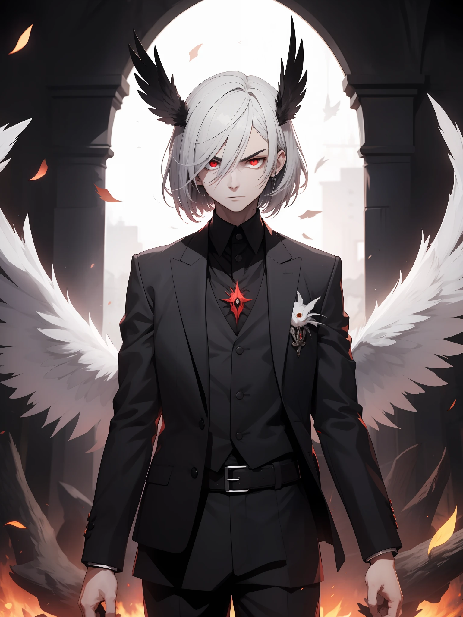 Young man, evil, owl-like angel with four black wings, red eyes, evil gaze, dark aura, male