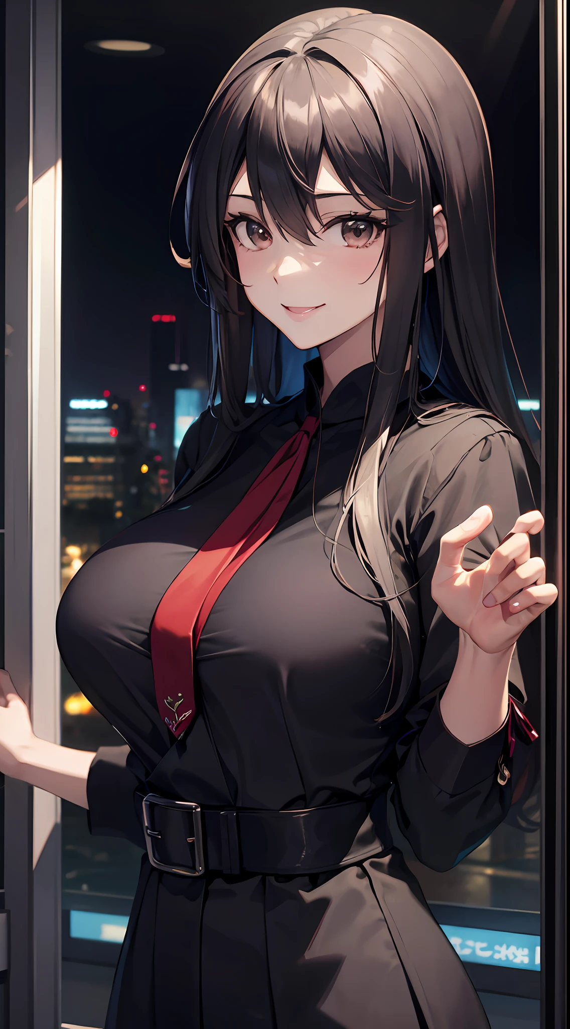 Anime girl with  posing in front of the window, ( wide open)), ((upper body)), ((focus on people)), ((((best smile)))),  anime girl, best anime 4k konachan wallpaper, perfect gray haired girl, charming anime girl, 4k anime wallpaper, 4k manga wallpaper,, detailed digital anime art, anime best girl, beautiful anime girl, cyberpunk, detailed anime artwork, beautiful attractive anime woman