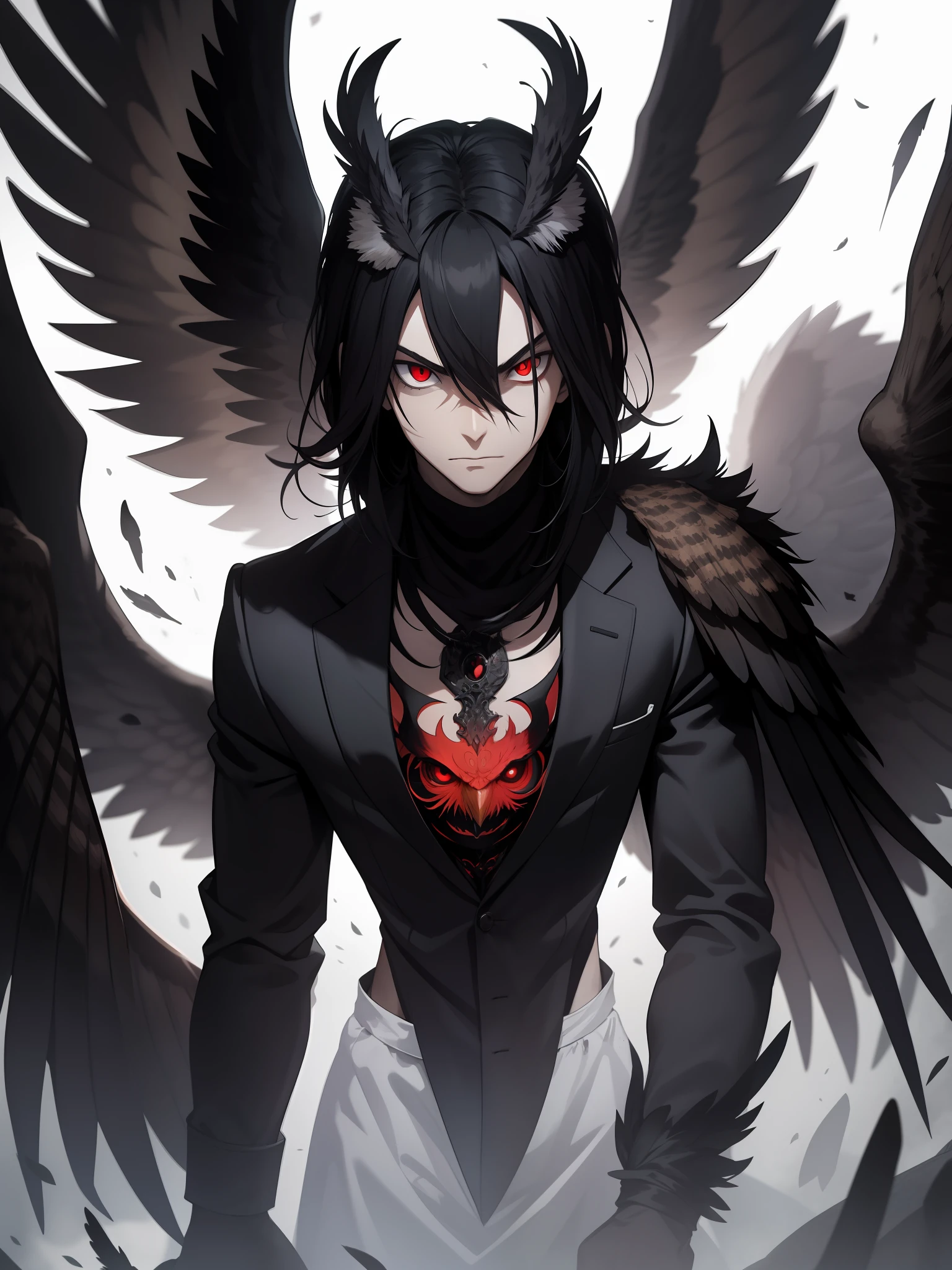 Young man, evil, owl-like angel with four black wings, red eyes, evil gaze, dark aura, male