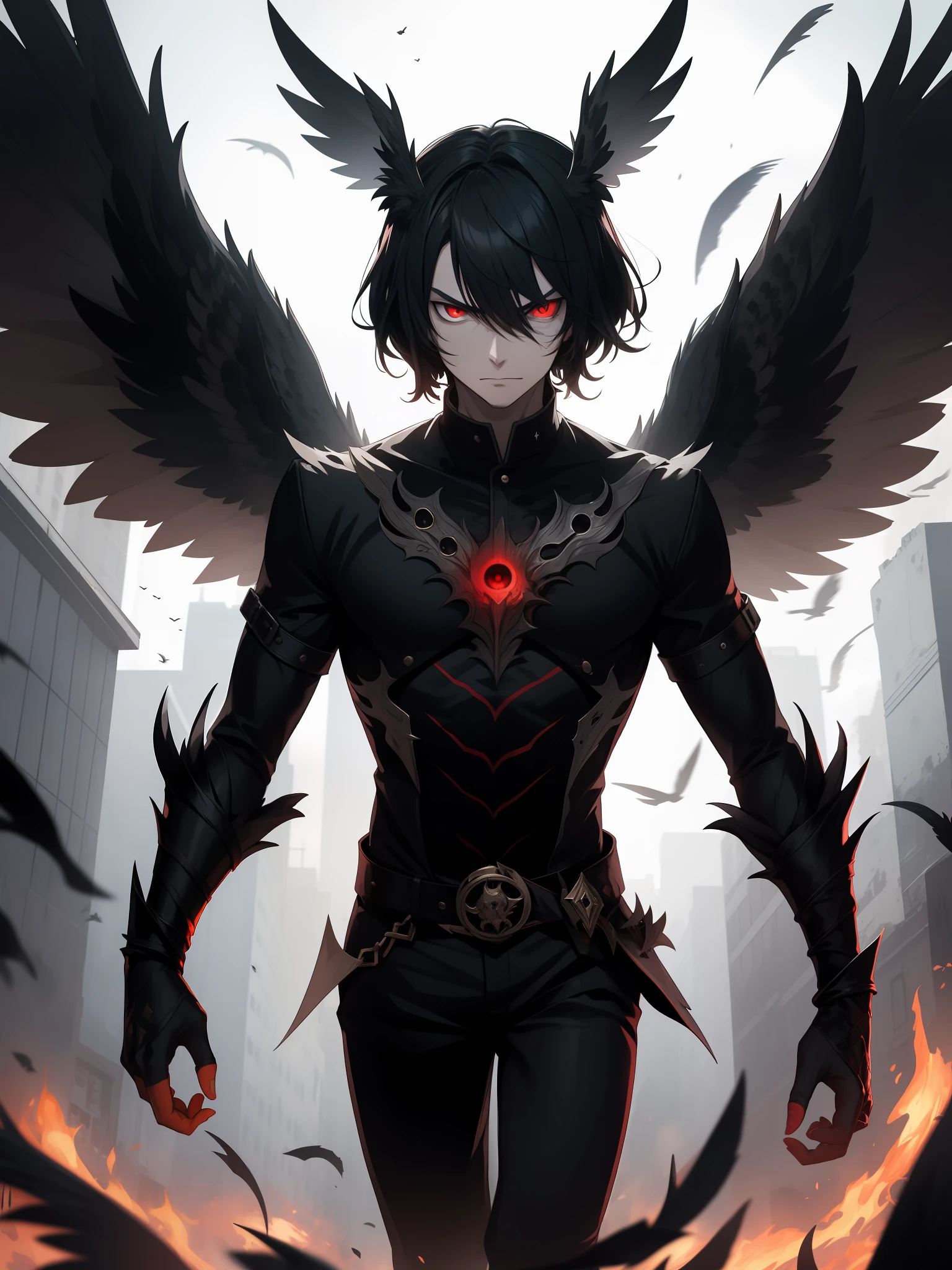 Young man, evil, owl-like angel with four black wings, red eyes, evil gaze, dark aura, male