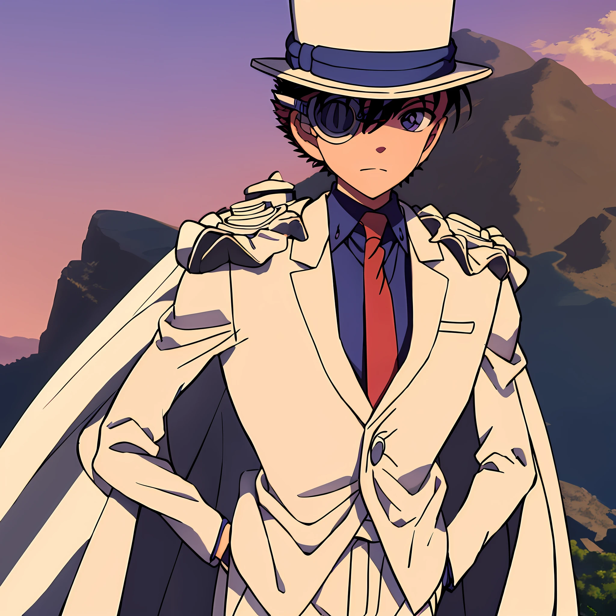 masterpiece, best quality, 1boy, solo, white suit, white cape, top hat, monocle, red necktie, blue shirt, white gloves, hand in pocket, in the mountain village, purple sunset sky