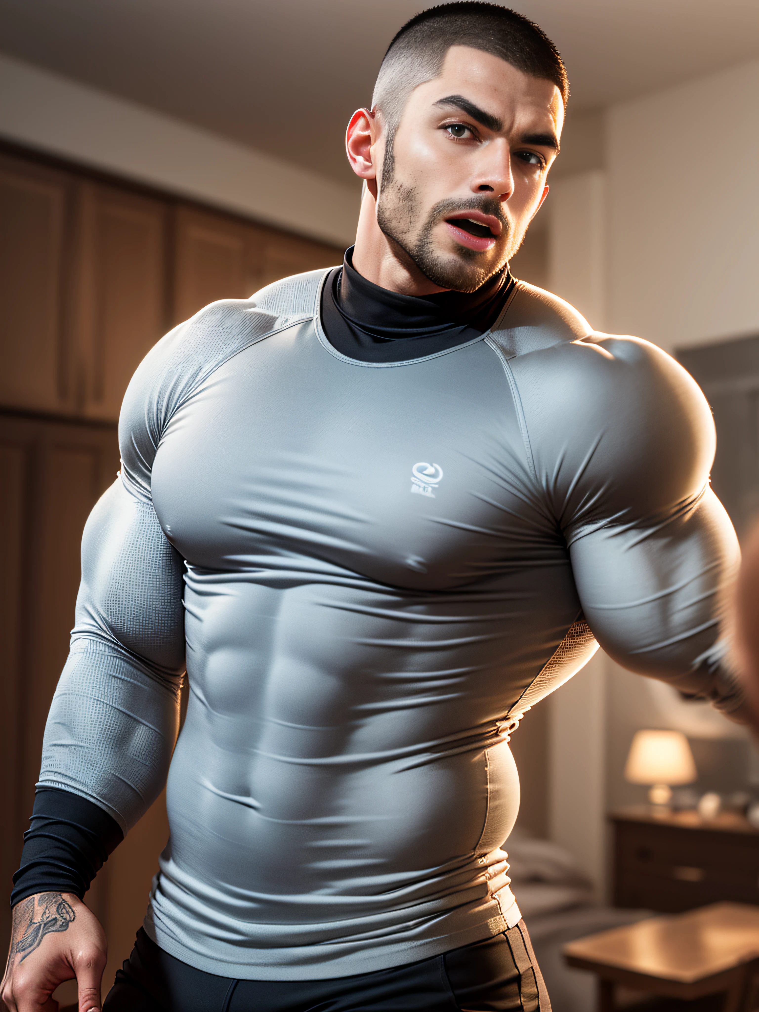 Character design (open mouth muscle special forces, Buzz Cut, tough guy) wearing a long-sleeved dark black high-neck stretch tight T-shirt, officer uniform, standing in a luxurious bedroom, looking intoxicated and enjoyed, eyes slightly narrowed, mouth open into an O-shape, expression enjoyment, deep and charming eyes, emerald-like pupils, he is tall, burly, muscular! Sexy charming muscular leg muscles, tall burly, dark black long sleeve stretch turtleneck skinny T-shirt, super gain and cool, high resolution commission, white sneakers, warm lights on the body, camouflage pants, expression mesmerized enjoyment