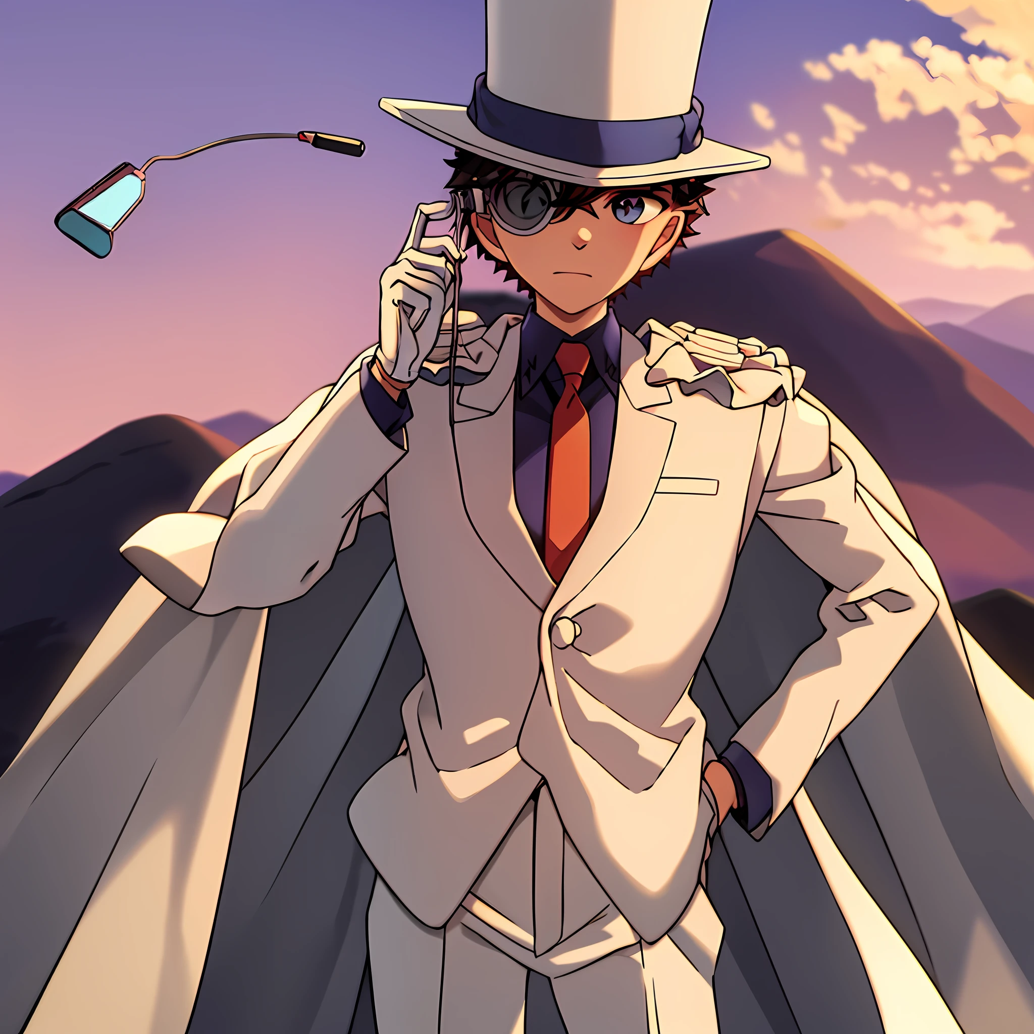 masterpiece, best quality, 1boy, solo, white suit, white cape, top hat, monocle, red necktie, blue shirt, white gloves, view the sky, hand in pocket, in the mountain village, purple sunset sky