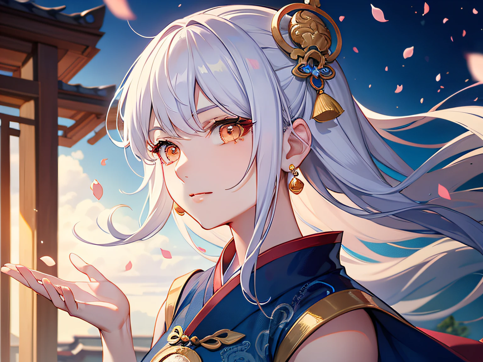 Mature girl, orange eyes, blue-white hair color, floating hair, delicate and flexible eyes, intricate damask hanfu, gorgeous accessories, wearing pearl earrings, fov, f/1.8, masterpiece, ancient Chinese architecture, blue sky, flower petals flying, front portrait shot, Chang'e, side lighting, sunlight on people,