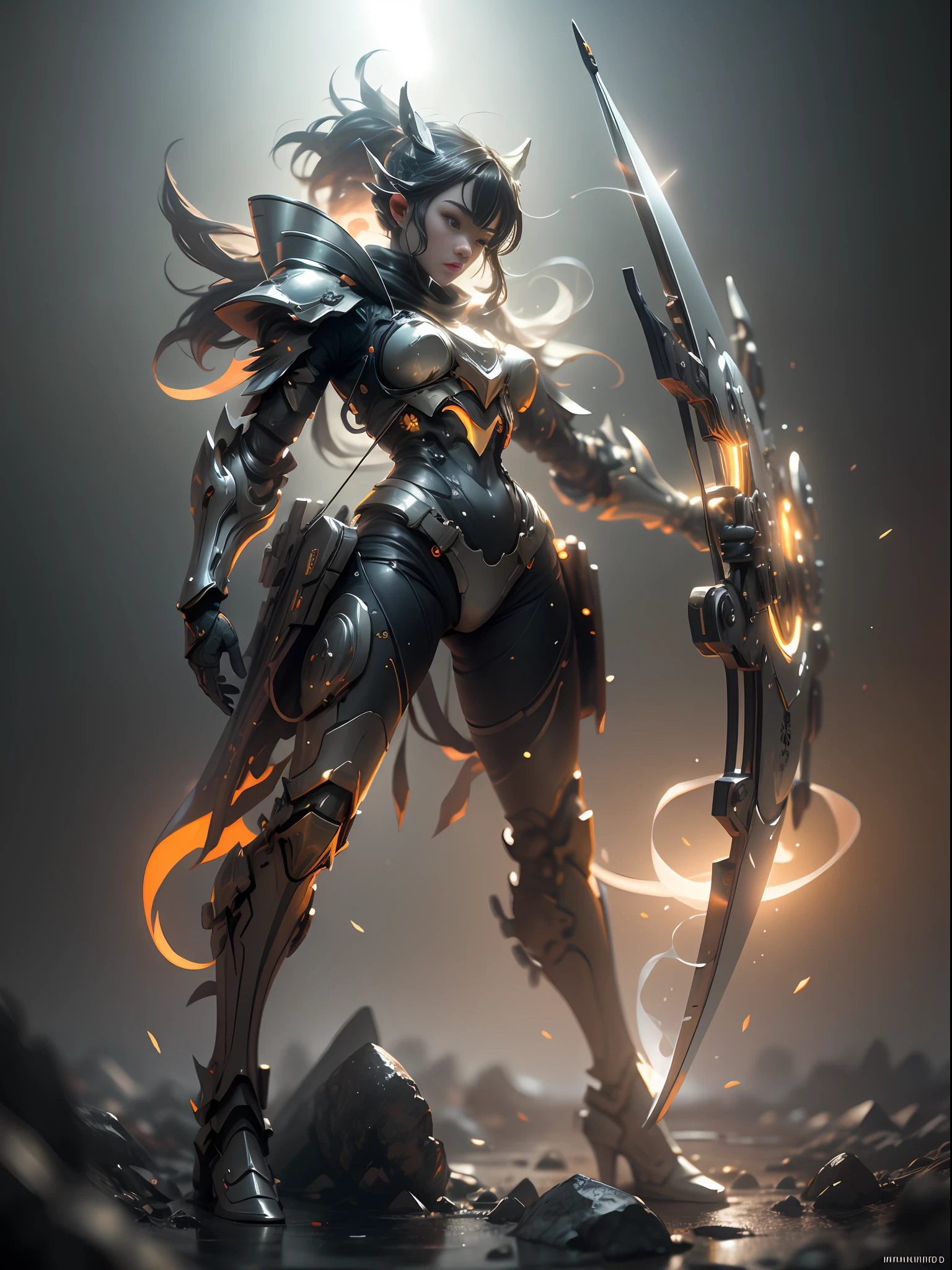 Ghost shooter with huge bow and arrow, super cool ghost shooter wearing orange mechanical armor, huge bow and arrow, arrow feathers, open bow and arrow pose, perfect body proportions, super detail, IP by pop mart, edge light, avatar, octane rendering, blender, full body, clean black background, 3d, c4d, best quality, very detailed, ancient technology, HDR (High Dynamic Range), ray tracing, NVIDIA RTX, super resolution, Unreal 5, subsurface scattering, PBR texture, Post-processing, Anisotropic filtering, Depth of field, Maximum sharpness and sharpness, Multi-layer textures, Albedo and highlight maps, Surface shading, Accurate simulation of light-material interactions, Perfect Proportions, Octane Rendering, Two-tone Lighting, Low ISO, White Balance, Rule of Thirds, Wide Aperture, 8K RAW, High Efficiency Sub-Pixel, Subpixel Convolution, Luminescent Particles, Light Scattering, Tyndall Effect