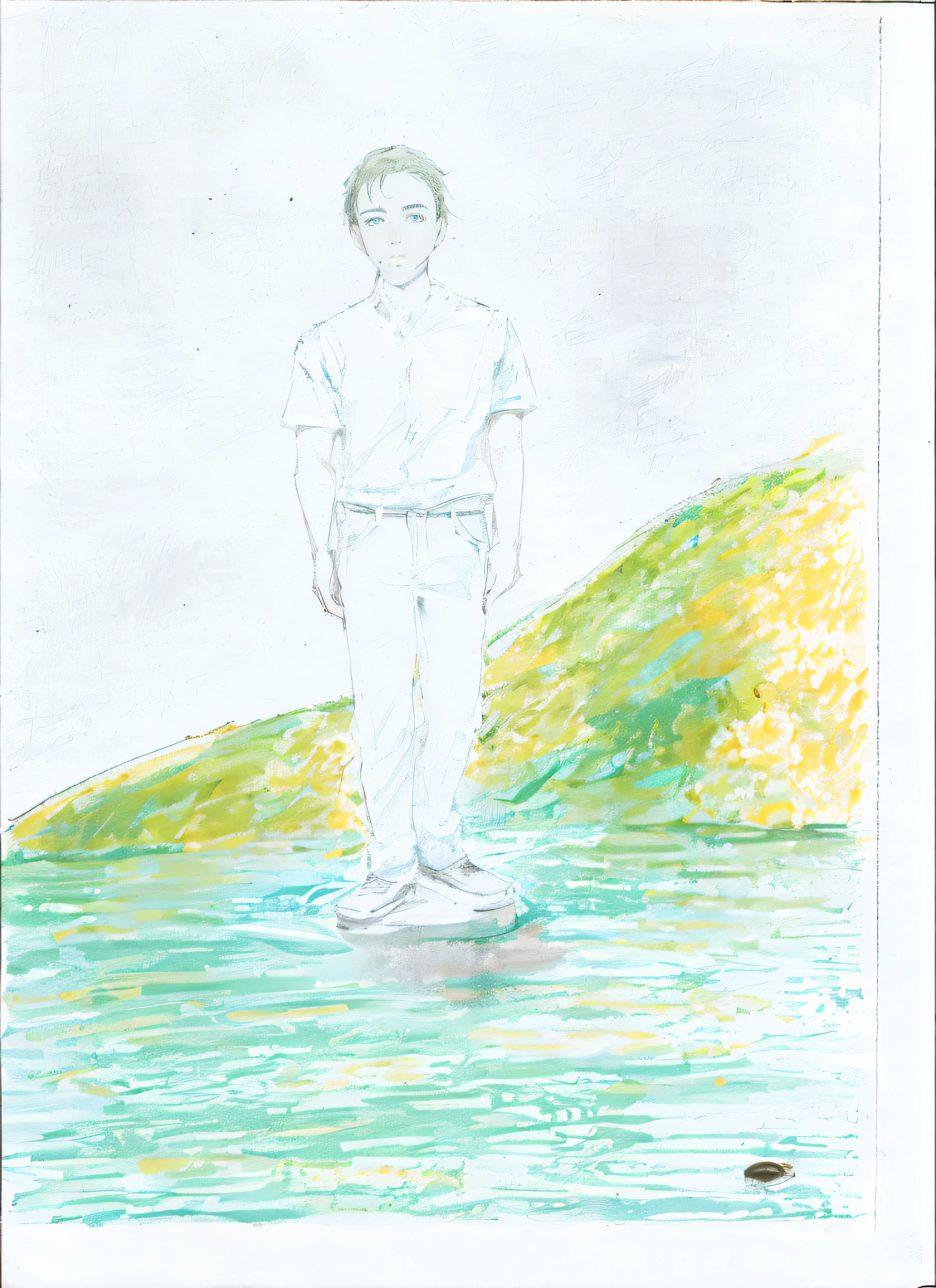 drawing of a man standing in the water with a boat in the background, standing on the water ground, standing in a lake, standing in a pond, distant full body view, standing next to water, standing on a rock, standing on rock, standing in shallow water, inspired by Quint Buchholz, mid body portrait, standing on a lotus