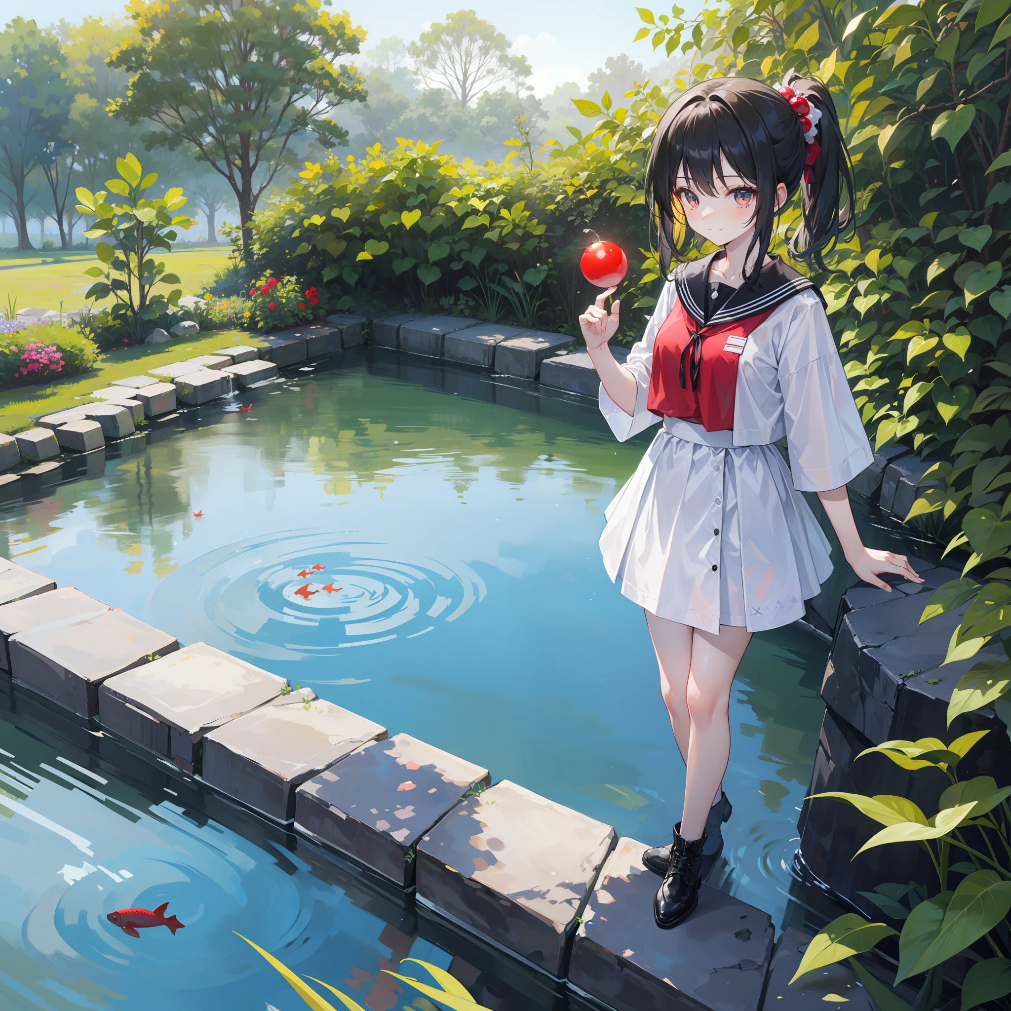 The smiling black double ponytail , who is less than 150cm tall, is wearing a white skirt and standing next to the fish pond, holding a red ball-shaped object in her hand to throw inside