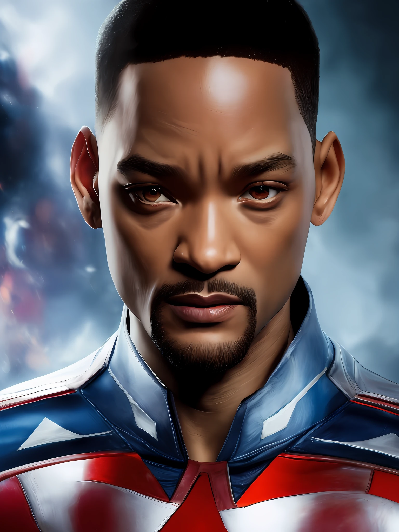 . .Tarantino style Will Smith as Captain America 8k, high definition, detailed face, detailed face, detailed eyes, detailed suit, in style of marvel and dc, hyper-realistic, + cinematic shot + dynamic composition, incredibly detailed, sharpen, details + superb details + evening with light + perfectionism + award winning realism ((moody lighting))