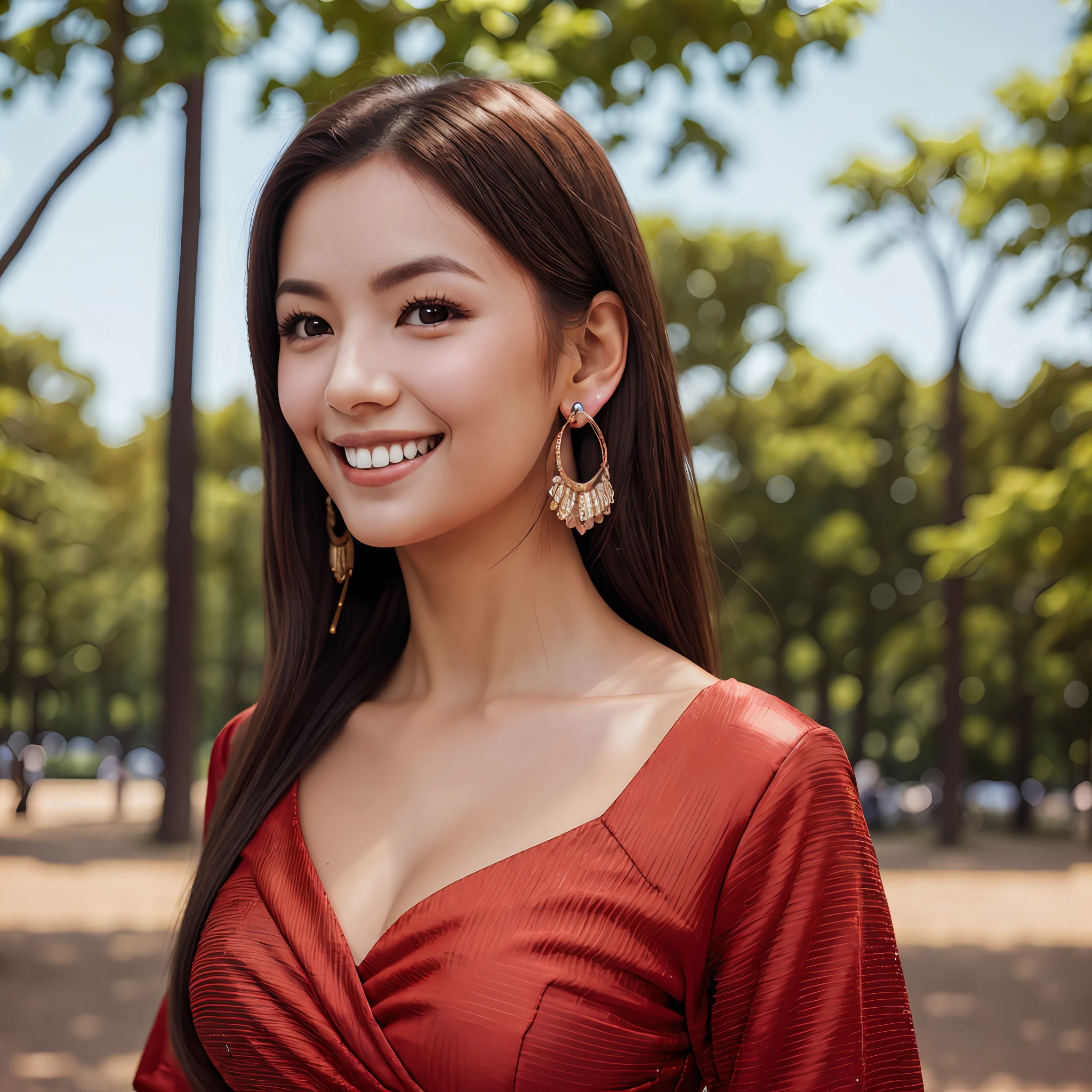 Smile, Crescent earrings, red dress,Full body, light smile, Crown on head, Hasselblad, Fujicolor, UHD, Retina, Masterpiece, Anatomically correct, High detail, High quality, Best quality, High resolution, Textured skin, 16k,the background is the park, --auto
