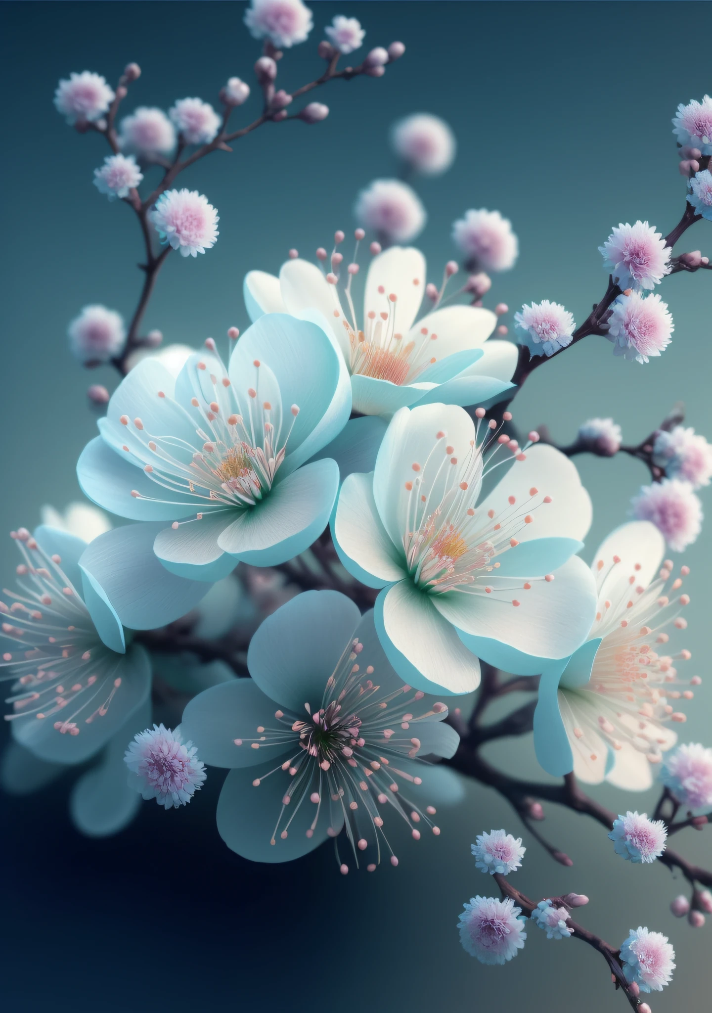 there is a close up of a bunch of flowers on a branch, paul barson, flower blossoms, beautiful digital artwork, beautiful digital art, flowers and blossoms, surreal waiizi flowers, beautiful flowers, blooming flowers, flowers with intricate detail, incredibly beautiful, beautiful art, beautiful composition 3 - d 4 k, gorgeous digital art, sakura flowers