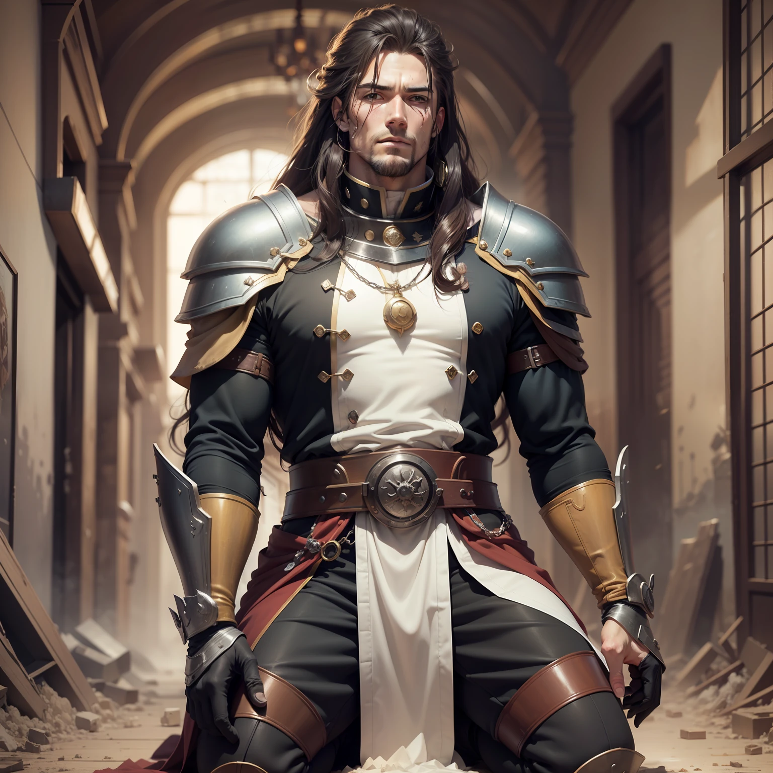 Realistic image of a handsome, strong man, long hair and dirty with white dust, brown eyes, dressed in all black alchemist style costumes with a black blouse underneath with shoulder pads, kneeling, dirty with white dust, amid the dust, panting expression, corridor of a royal palace with rubble, anime character style art