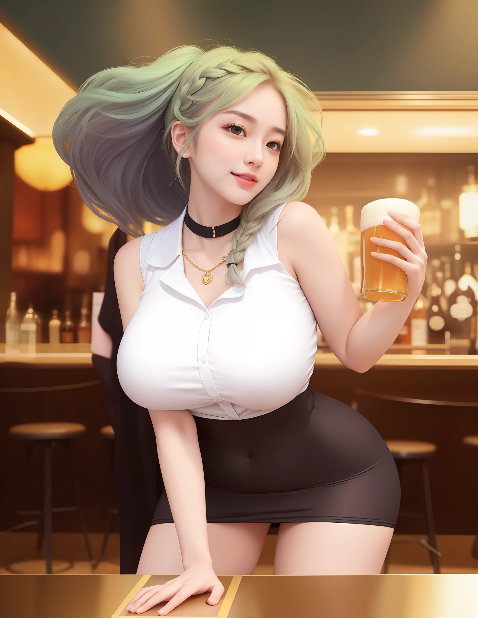 An Idol k-pop girl, cute face, braid hair, intricate face details, detailed face, golden ratio face, ((big breasts:1, slim waist, big butt, big hip, big thighs)), ((intricate hands, intricate feets)), full body, 64K, UHD, HDR, global illumination, (high quality, high detailed, hyper detailed, extremely detailed), photo realistic, ultra realistic, art photo, (clarify the details, detailed parts body), intricate artwork masterpiece, trending on artstation, (lewd face), tight clothes, bar background, shoft smile, left hand holding 🍺