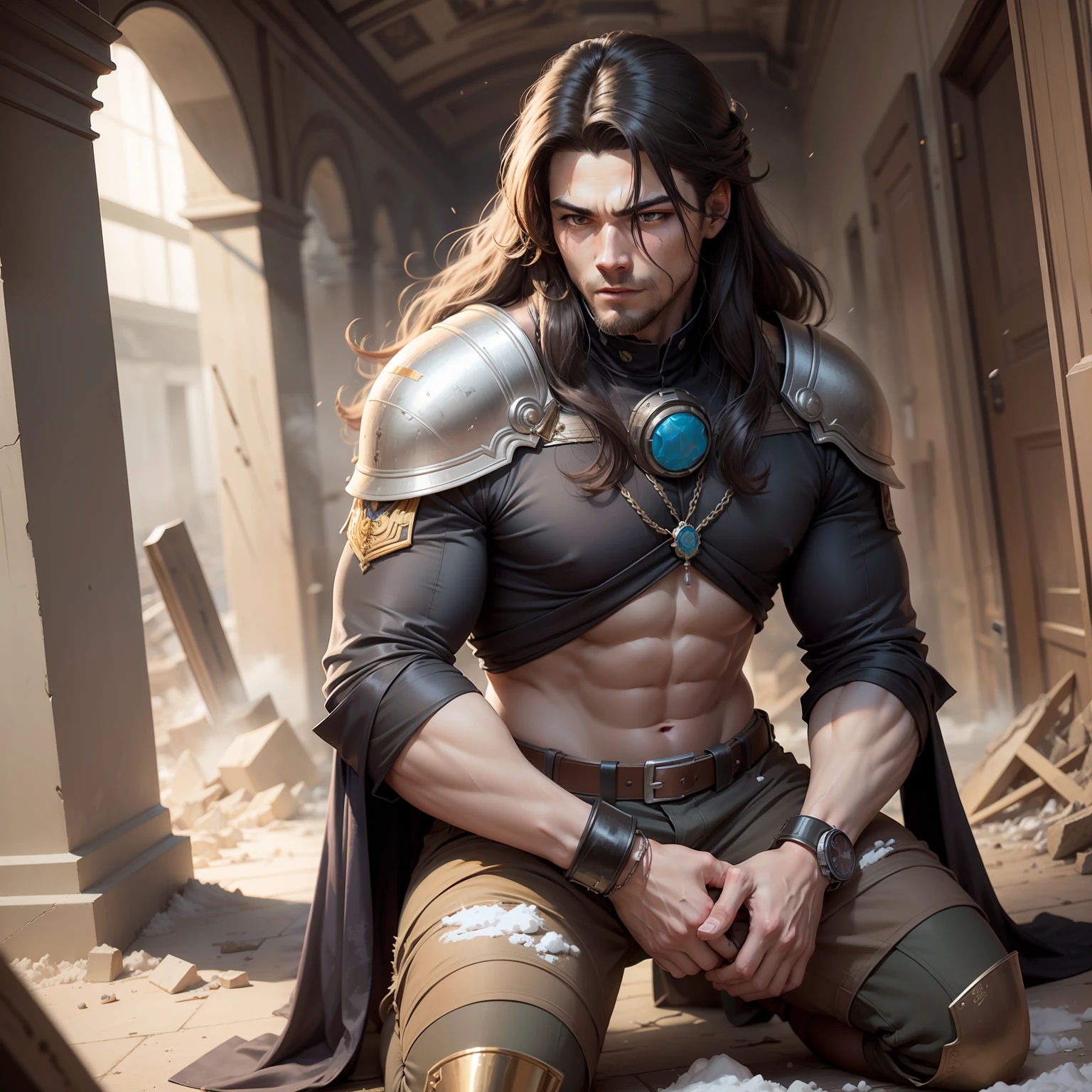 Realistic image of a handsome, strong man, long hair and dirty with white dust, brown eyes, dressed in all black alchemist style costumes with a black blouse underneath with shoulder pads, kneeling, dirty with white dust, amid the dust, panting expression, corridor of a royal palace with rubble, anime character style art