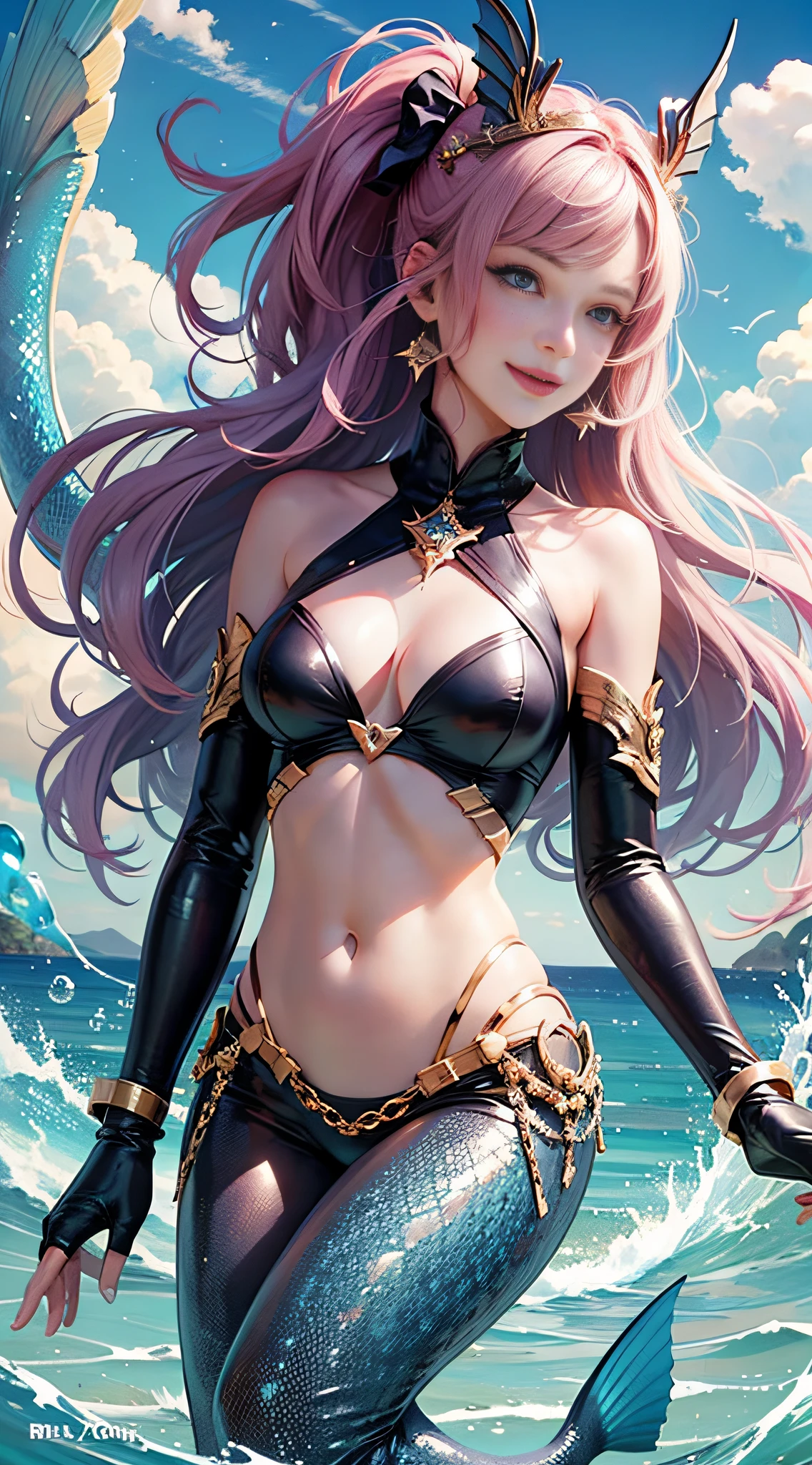 Best quality, 1 girl, don't miss a finger, mermaid, smile, KDA, solo, seaside