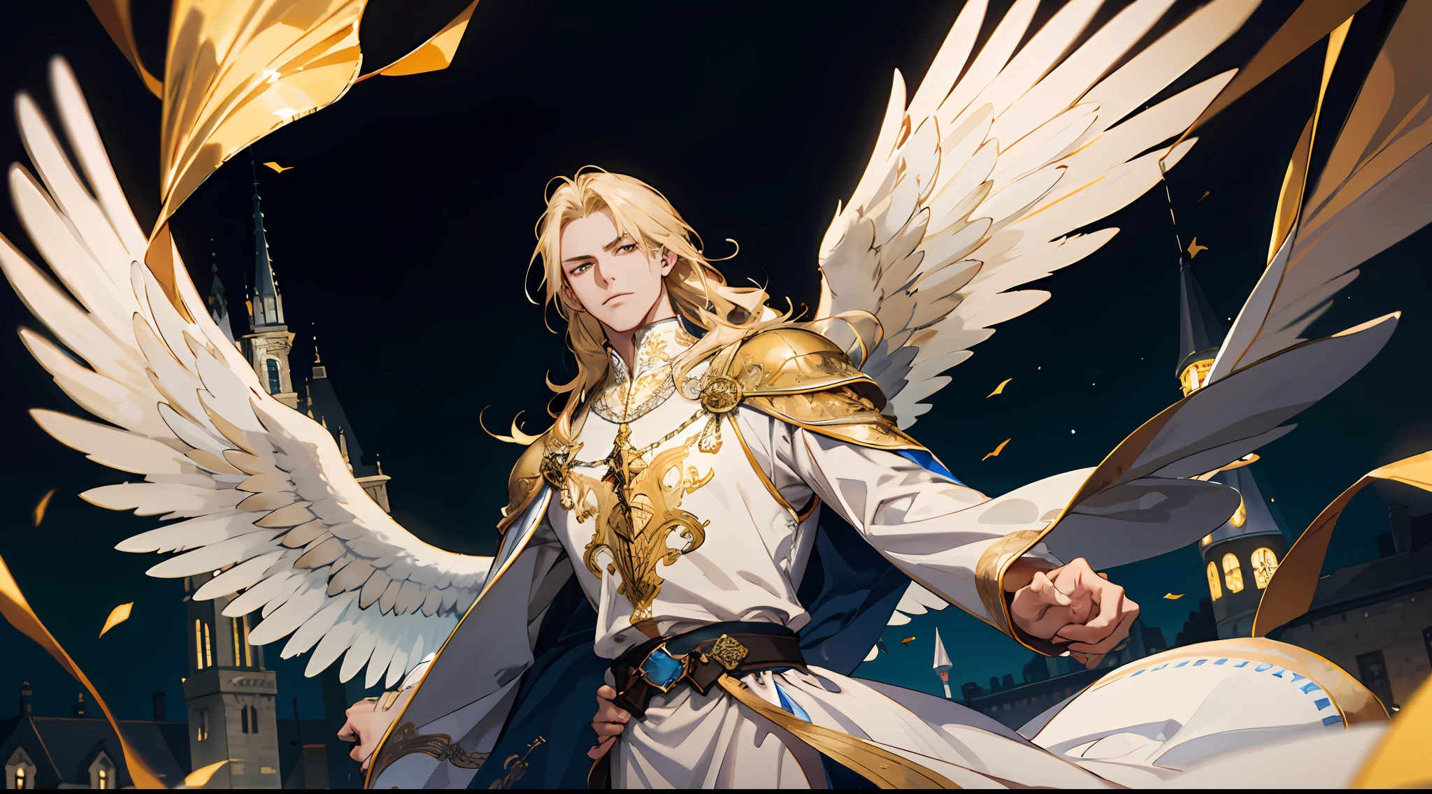 (absurd, high resolution), (panorama), (1 male), middle-aged, long blonde hair, blue and white dress, golden decoration, (tall), serious, 3 pairs of huge wings, broad arms, angels, medieval town background, castle, powerful, majestic, intense luster, white-gold dress, exquisite clothes, golden streamers, golden magic around the whole body, ((flying in the air)), panorama,