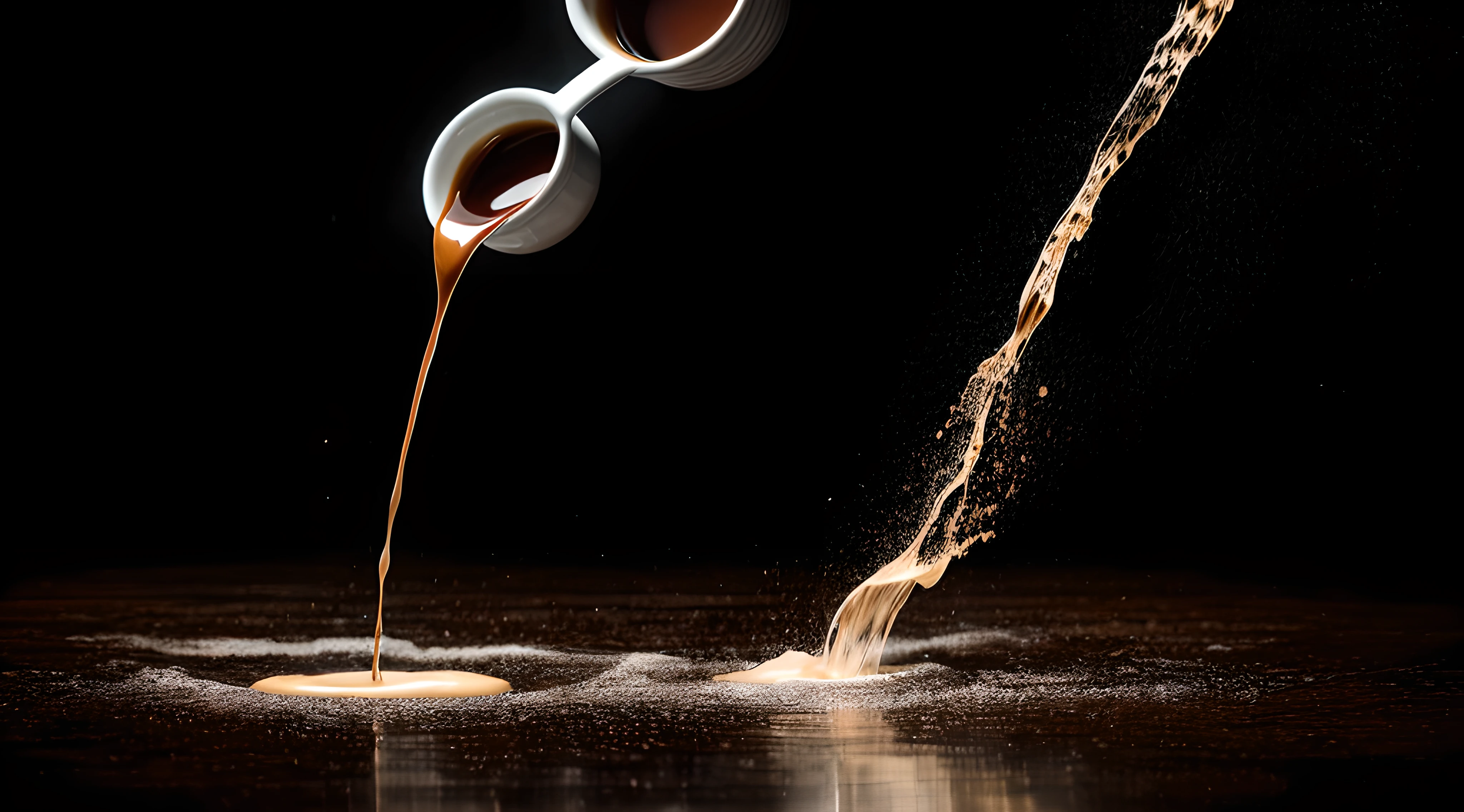 (Liquid Splash Fluid Art:1.2) Gravity-Defying Coffee Pour: A cup of dark, robust coffee suspended in mid-air, the rich, steaming liquid spiraling upwards in a mesmerizing anti-gravity display. The stream of coffee swirls and dances, an enticing aroma wafting from it. The scene, meticulously crafted using Cinema 4D's fluid simulation at an aperture of f/2.8, ISO 400, and a shutter speed of 1/60 sec, creates a fascinating juxtaposition of the ordinary and the surreal. The final render, enhanced using Gamma Correction and Tone Mapping, presents a dreamlike take on a morning ritual, paying homage to the styles of Alex Roman and Beeple.