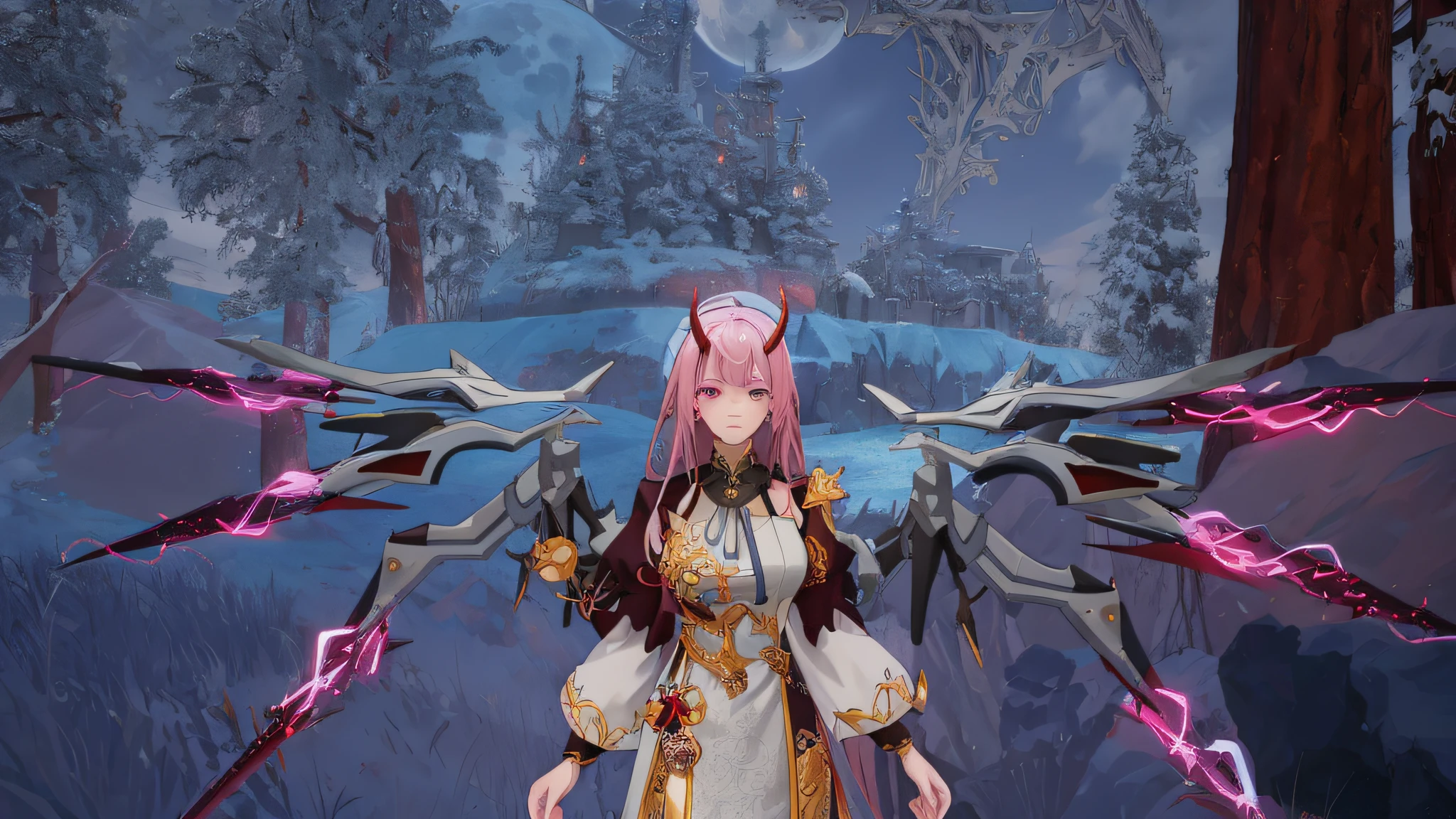 Anime character with horns and a heavy cybe parapet in the colors white dark pink standing in front of a full moon, moon clothes, fantasy outfit, in-game render, astral witch clothes, highly detailed full body, anime very detailed, clear outfit design, hair color white dark pink, 8k octae render photo, beautiful celestial demonin with large black cyborg wings on both sides
