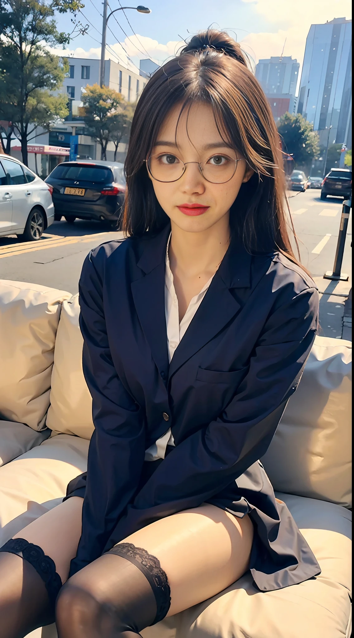 Best quality, full body portrait, delicate face, pretty face, 25 year old woman, slim figure, small bust, OL uniform, office clothes, black stockings, outdoor scene, sitting position, wearing glasses