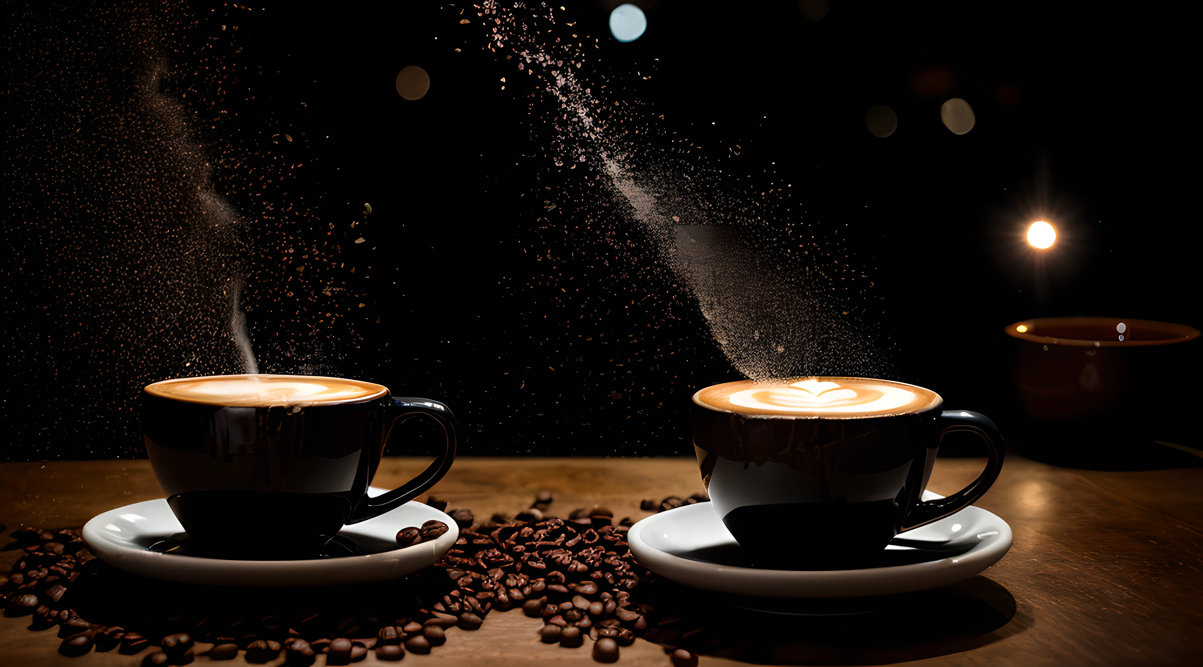 Volcano Coffee cup, latte art of maximal coffee, violently erupting out of kintsugi black lava rock coffee cups, rims glowing hot, molten red coffee lava splashing and overflowing out of the cup, volumetric dust particles, exploding lava, steam, floating celestial, bokeh, night, moonlight, moonbeams, surreal, magic dust