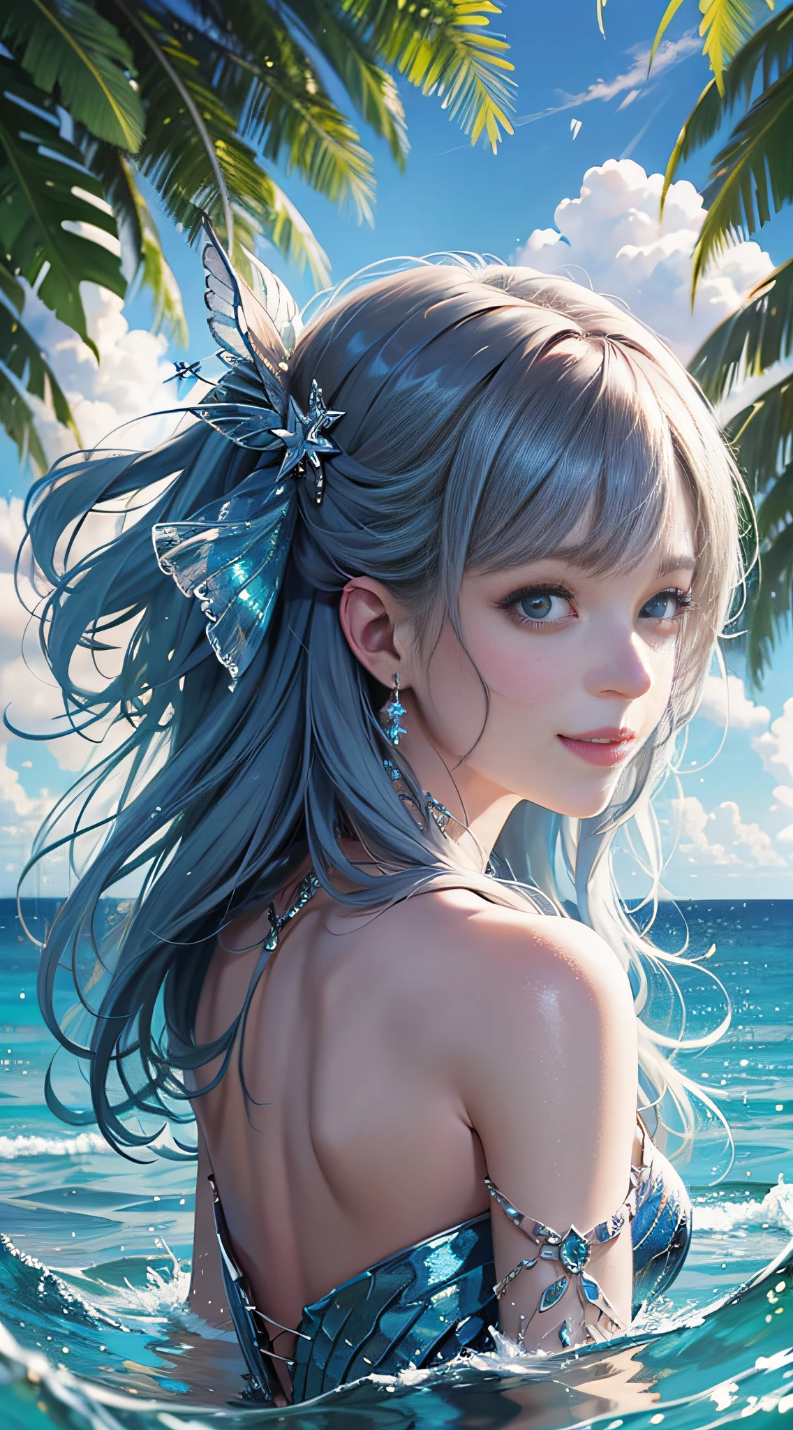 Best quality, 8K, upper body, don't miss fingers, 1 girl, mermaid, smile, solo, seaside, blue sky, clear water, white and tender skin,