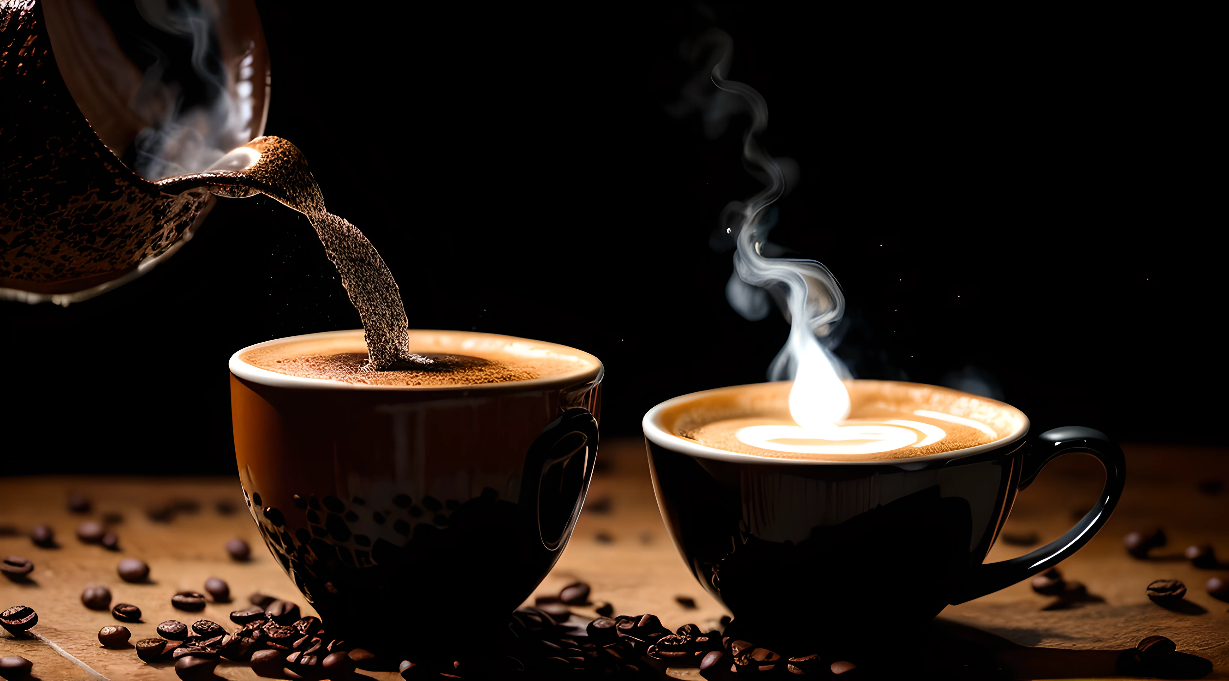Volcano Coffee cup, latte art of maximal coffee, violently erupting out of kintsugi black lava rock coffee cups, rims glowing hot, molten red coffee lava splashing and overflowing out of the cup, volumetric dust particles, exploding lava, steam, floating celestial, bokeh, night, moonlight, moonbeams, surreal, magic dust