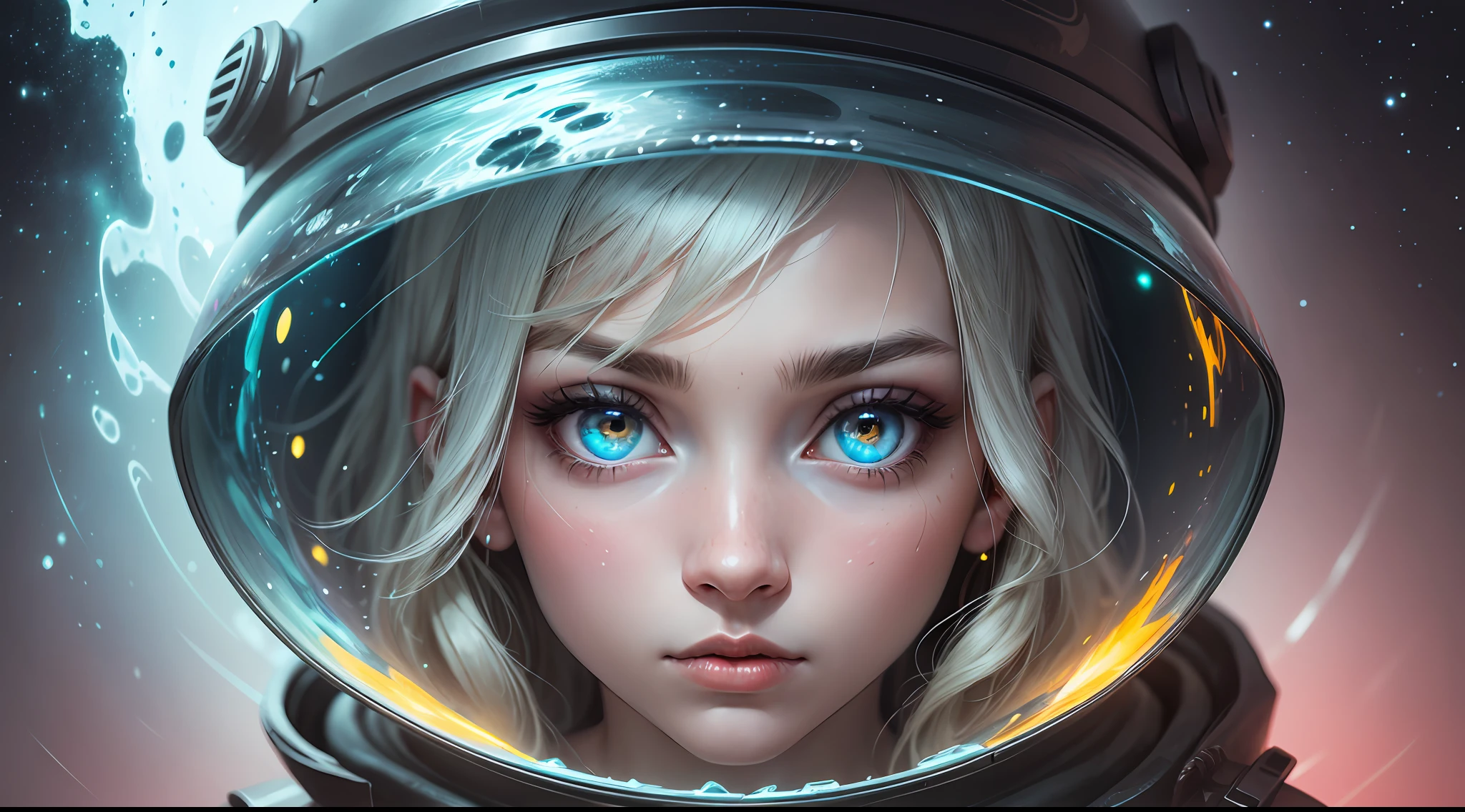 girl,radioactive glow,abstract art,focus on character,eyes with reflection, lonely and cold world,background with stars