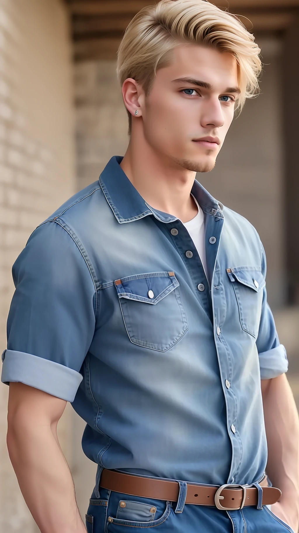 a photo of a handsome 21yo man with blonde hair, wearing a jeans, simple background, photorealism, photorealistic, nsfw, sexy,, sharp, focused, centered, extreme deail, HD, 8k, DSLR, RAW, iphone, instagram