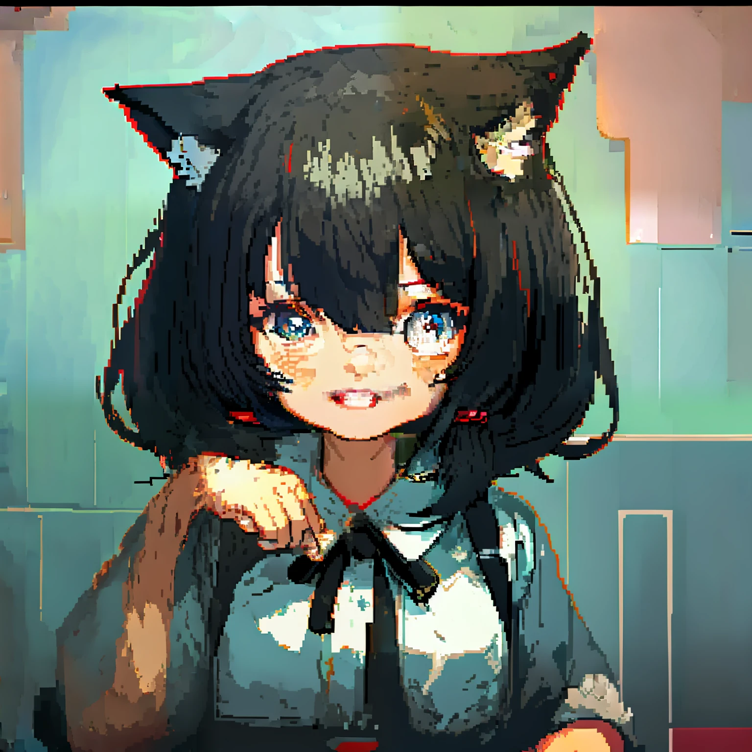 black hair, hair bobbles, wince, longeyelashes, solid circle eyes, fake animal ears, light smile, ear blush, fang, Surrealism, drop shadow, anaglyph, stereogram, tachi-e, pov, atmospheric perspective, 8k, super detail, ccurate, best quality