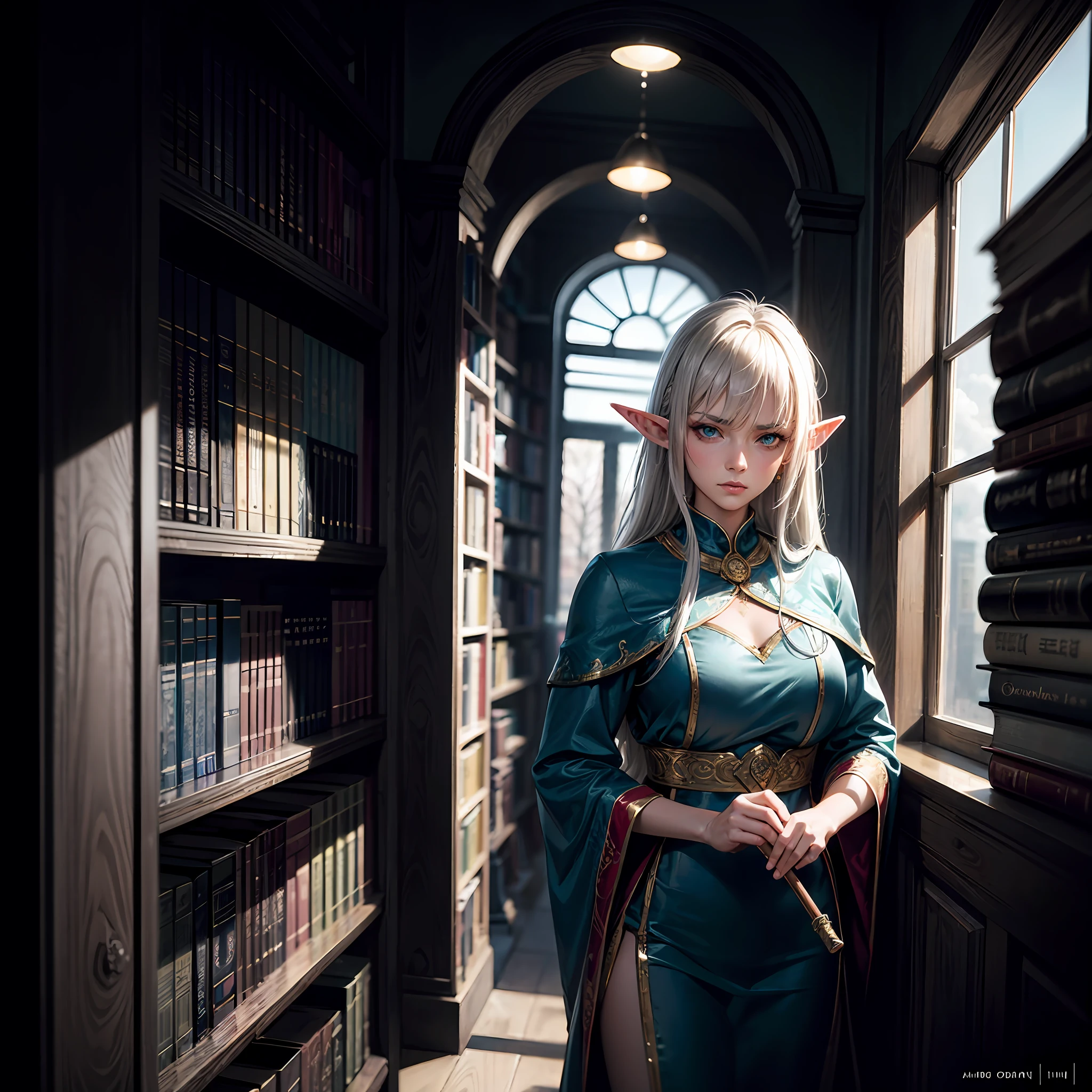 portrait, old, woman, half elf, standing in a library, leaning on a walking cane, grey hair, scar over right eye, wrinkles (intense details, dnd art, masterpiece), (intense details, dnd art, masterpiece), teacher, (intense details, dnd art, masterpiece), intense blue eyes, gold robe with red threads, flowing (intense details, dnd art, masterpiece), fantasy urban library, backlight, clouds, in the background, serious, realism, high detail, depth of field, cinematic lighting, reflection light, drop shadow, atmospheric perspective, Op art, UHD, masterpiece, high quality, high details