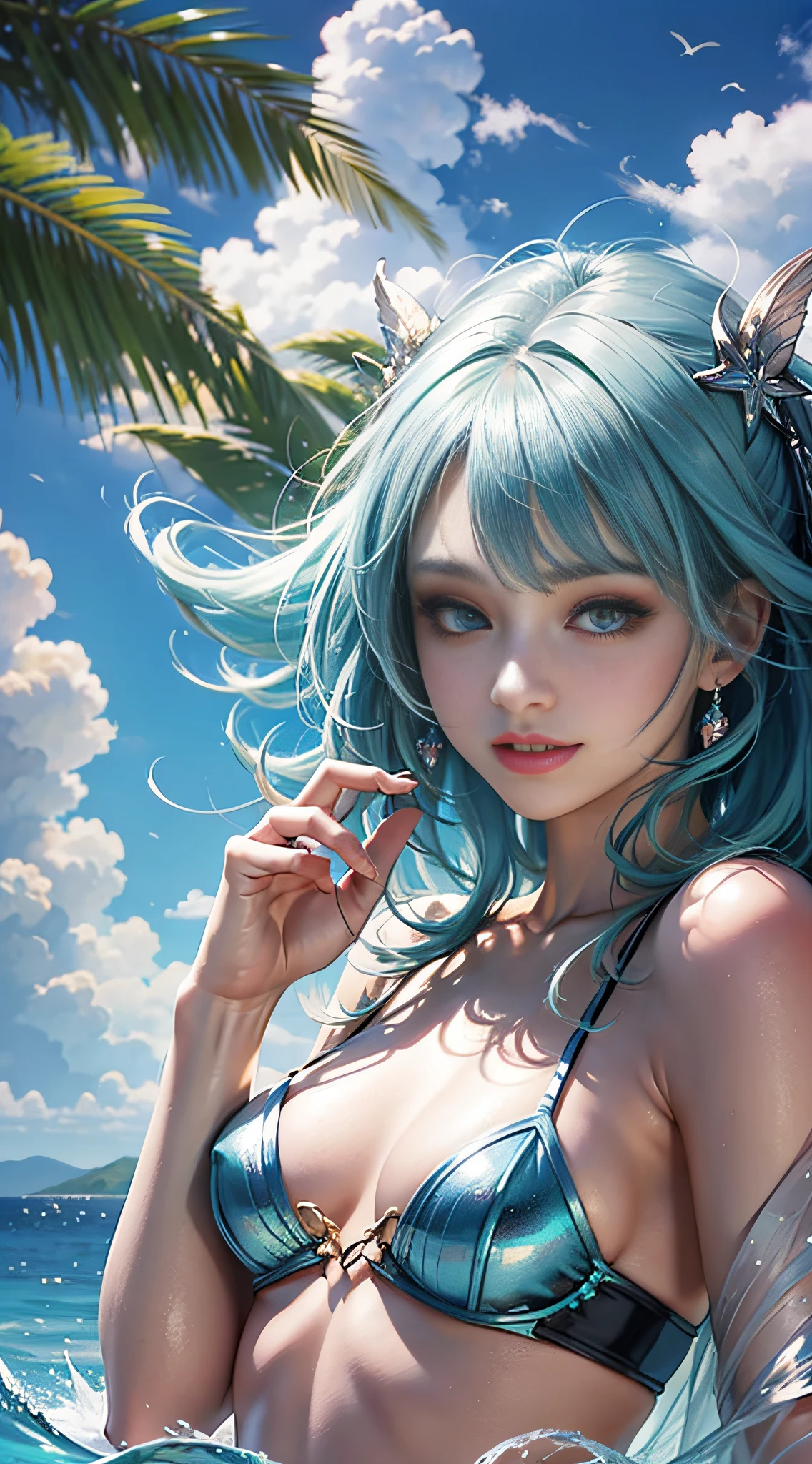 Best quality, 8K, upper body, don't miss fingers, 1 girl, mermaid, smile, solo, seaside, blue sky, clear water, white and tender skin,