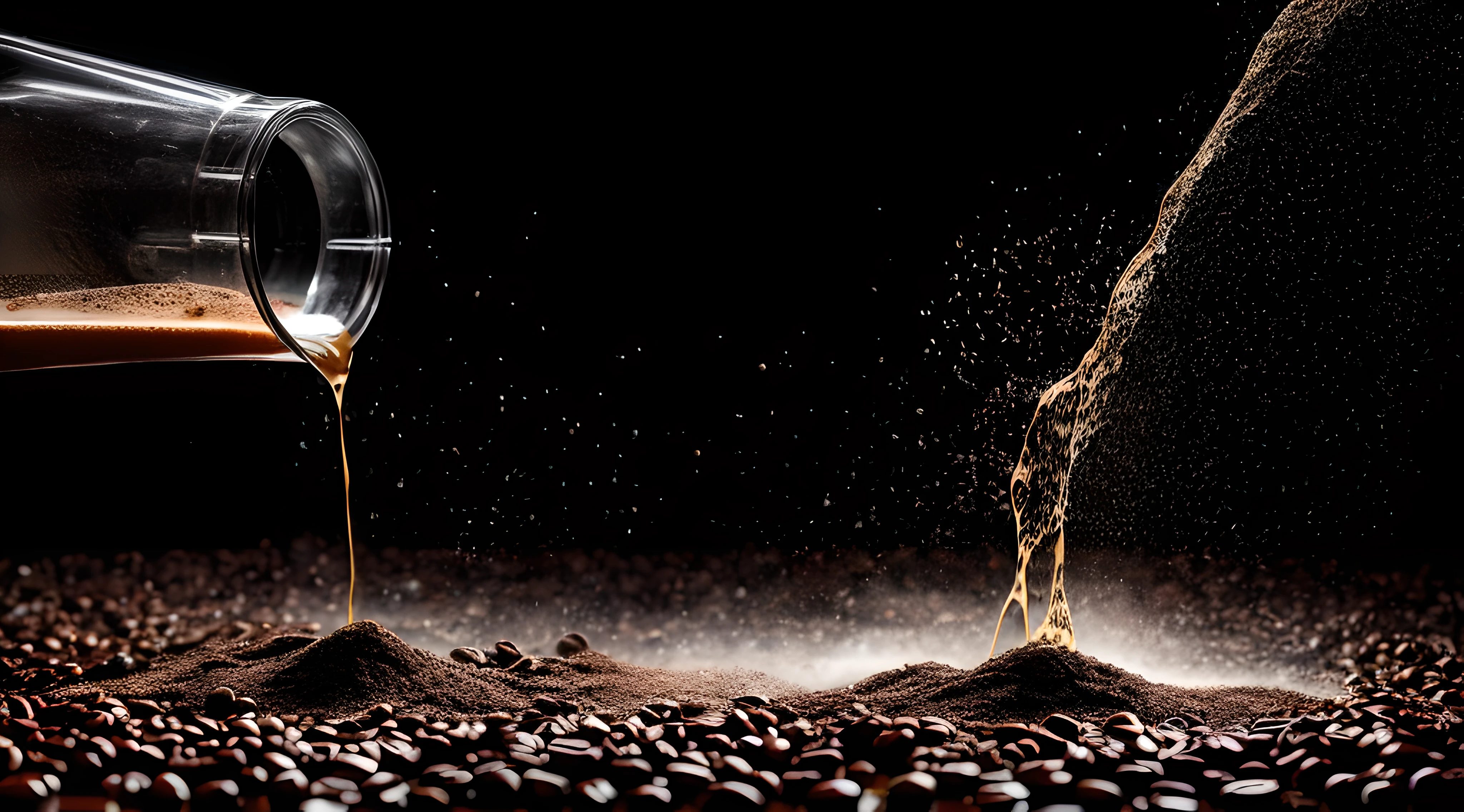 (Liquid Splash Fluid Art:1.2) Gravity-Defying Coffee Pour: A cup of dark, robust coffee suspended in mid-air, the rich, steaming liquid spiraling upwards in a mesmerizing anti-gravity display. The stream of coffee swirls and dances, an enticing aroma wafting from it. The scene, meticulously crafted using Cinema 4D's fluid simulation at an aperture of f/2.8, ISO 400, and a shutter speed of 1/60 sec, creates a fascinating juxtaposition of the ordinary and the surreal. The final render, enhanced using Gamma Correction and Tone Mapping, presents a dreamlike take on a morning ritual, paying homage to the styles of Alex Roman and Beeple.