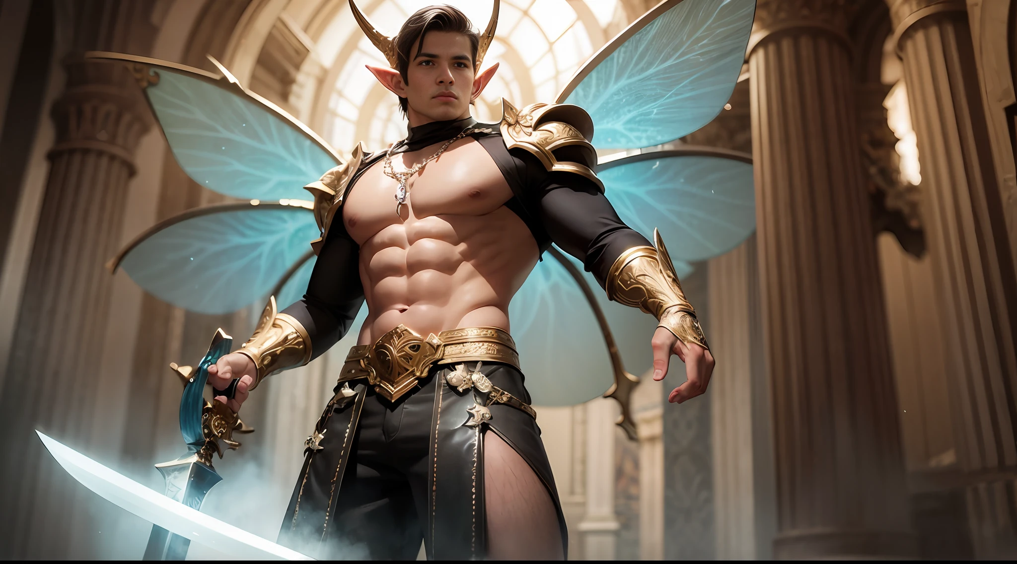 [Buff Toned Male Elf Hero Champion holding sword, proper proportions, male fairy man, chest out, with blue and gold details, large wings, forest in the background, vibrant colors, order of priority, desirable assets, RTX textures, beautiful work, superb craftsmanship, masterfully aligned, extremely intricate, detailed features, defined edges, intense focus, HDRI SDR, pic vid, hyper realistic, high quality,  Maximum resolution, epic composition, cinematic lighting, full shot]:0.5 --auto