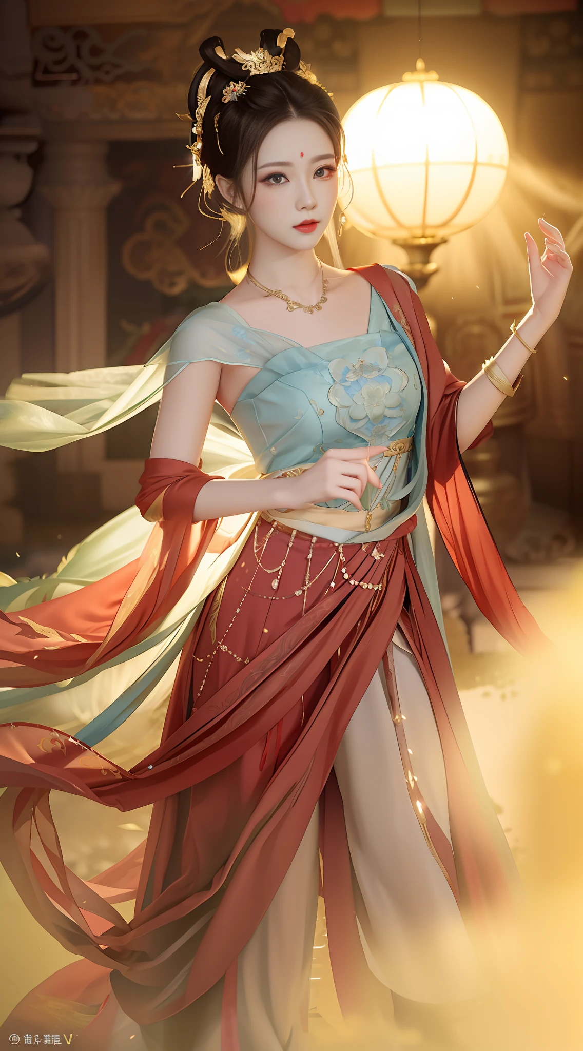 arafed woman in a red and blue dress with a red cape, palace , a girl in hanfu, inspired by Lan Ying, beautiful celestial mage, a beautiful fantasy empress, by Yang J, ornate cosplay, hanfu, flowing magical robe, ((a beautiful fantasy empress)), by Yan Hui, beautiful render of tang dynasty, full body xianxia