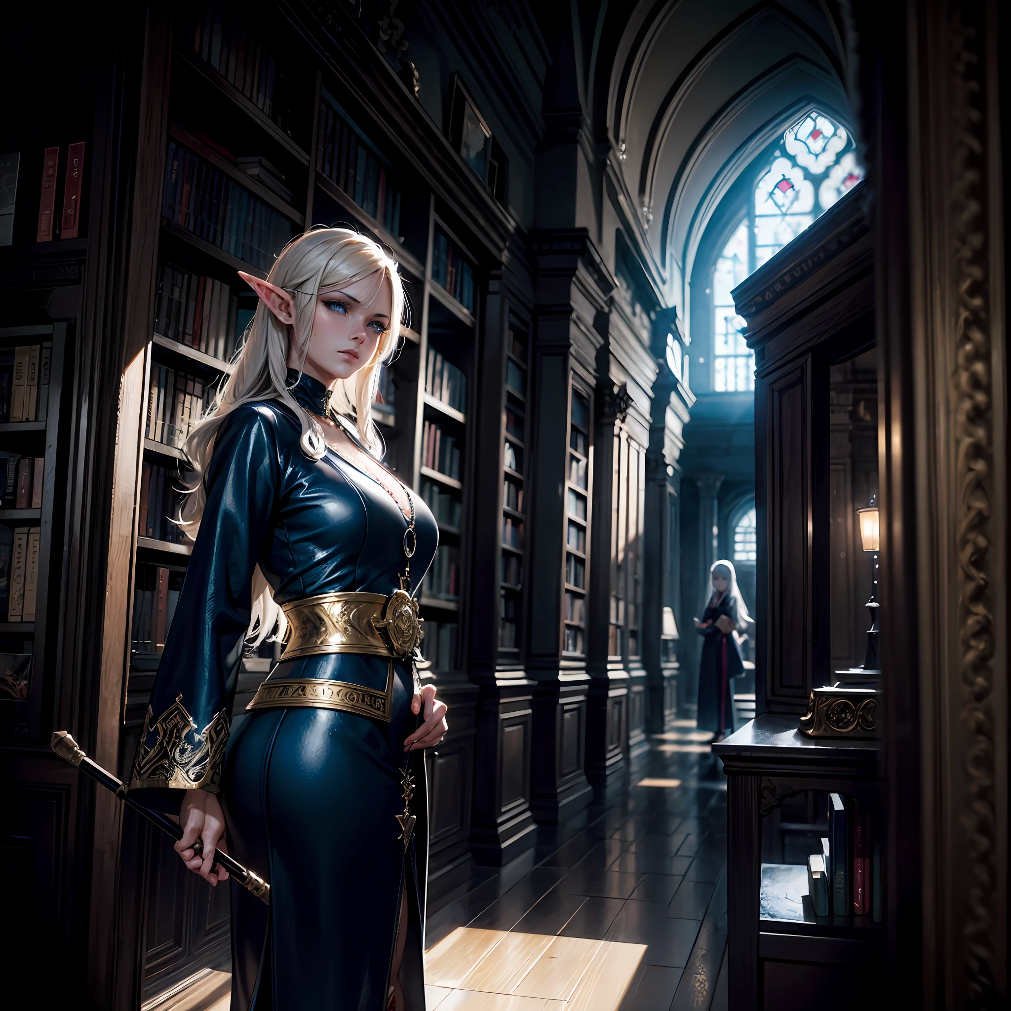 פortrait, woman, old, half elf, standing in a library, leaning on a walking cane, grey hair, scar over right eye, wrinkles (intense details, dnd art, masterpiece), (intense details, dnd art, masterpiece), teacher, (intense details, dnd art, masterpiece), intense blue eyes, gold robe with red threads, flowing (intense details, dnd art, masterpiece), fantasy urban library, backlight, clouds, in the background, serious, realism, high detail, depth of field, cinematic lighting, reflection light, drop shadow, atmospheric perspective, Op art, UHD, masterpiece, high quality, high details