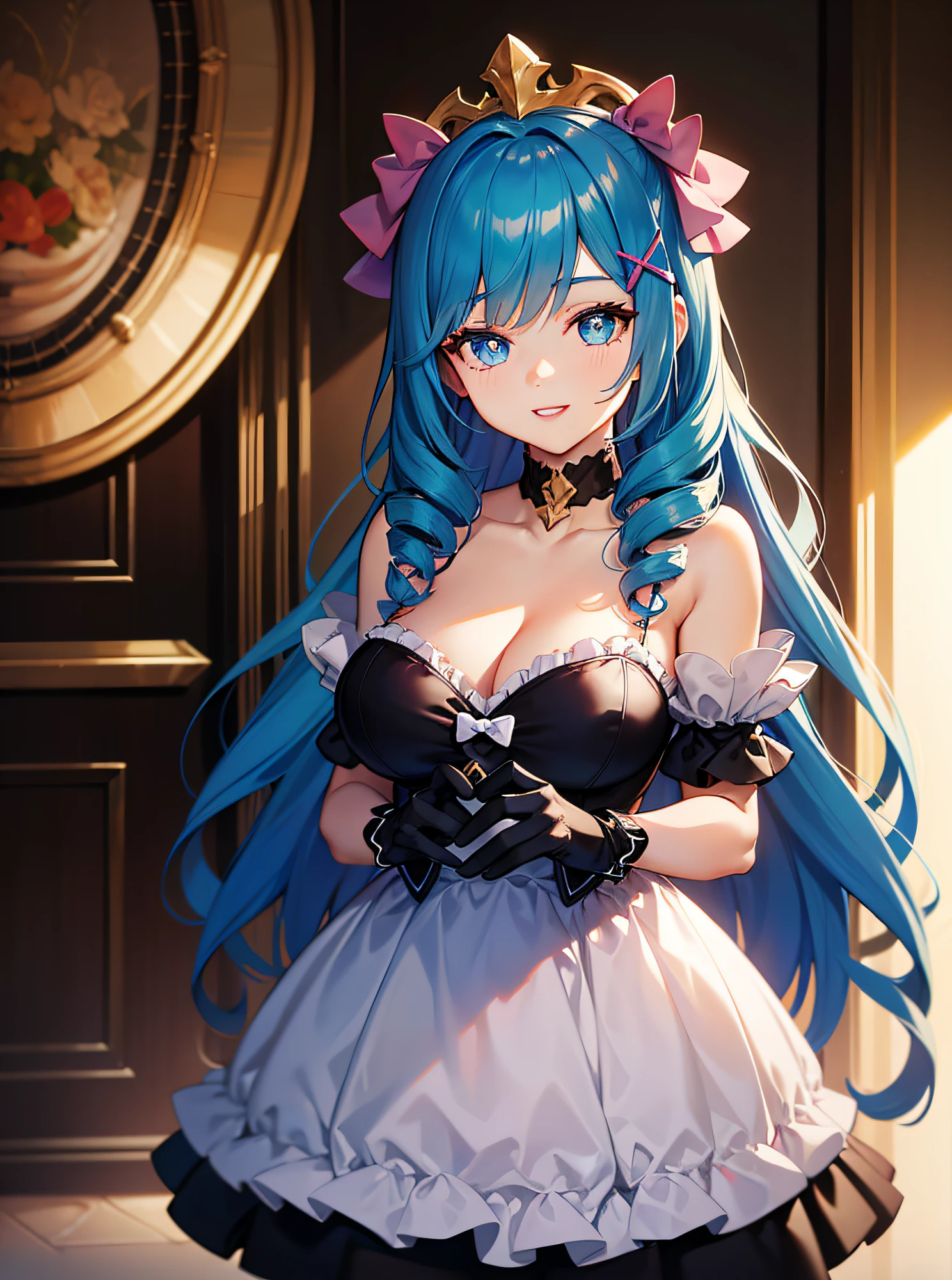1girl, absurdres, black bow, black gloves, black legwear, blue eyes, blue hair, bow, collarbone, dress, drill hair, frilled dress, frills, gloves, gwen \(league of legends\), hair ornament, highres, league of legends, long hair, parted lips, puffy sleeves, pink pupils, smile, solo, white dress, x, x hair ornament,large breasts, indoors,half_naked