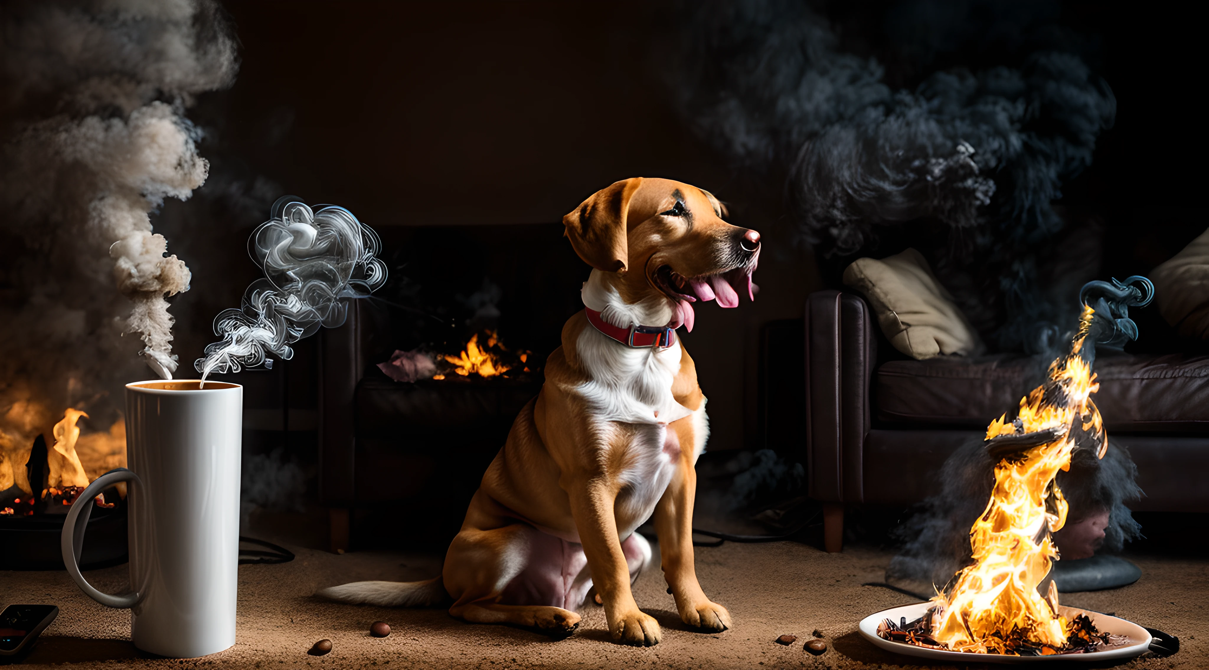 (anthropomorphic dog:1.2) holding a coffee cup, sitting, in a robe, eating breakfast and holding a coffee cup, hat, particles, volumetric lighting, livingroom burn down, ground and chair on fire, lots of gadgets and equipment, equipment is on fire, kaleidoscope, smoke, flames all around,