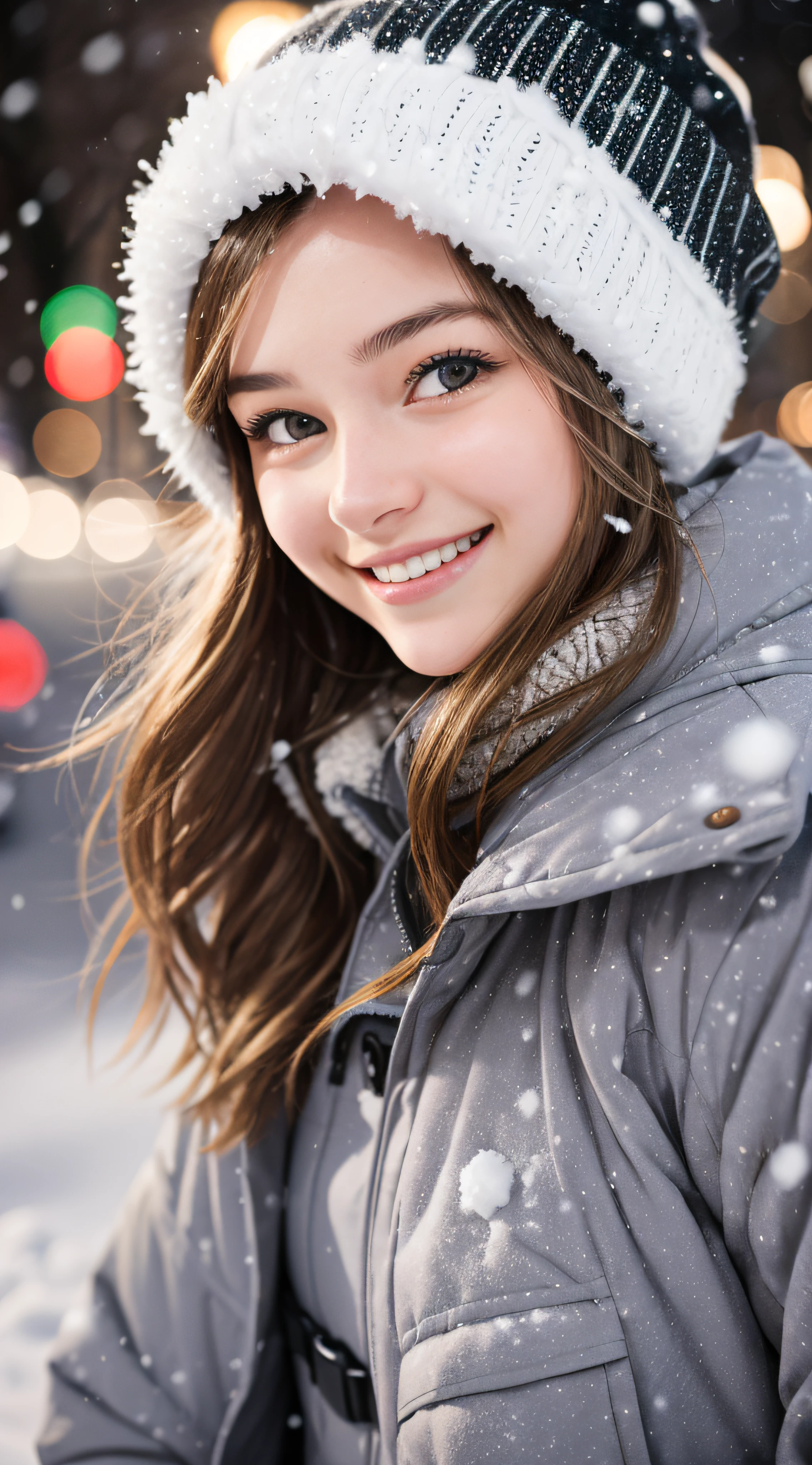 RAW photo, award winning portrait of 20yo american girl, beautiful, big smile, black eyes, throwing snowball behind a car, winter, snow in the street, winter coat and hat, dark blonde hair, outside, central park at night, (high detailed skin:1.2),8k uhd,dslr,soft lighting,high quality,film grain,Fujifilm XT3