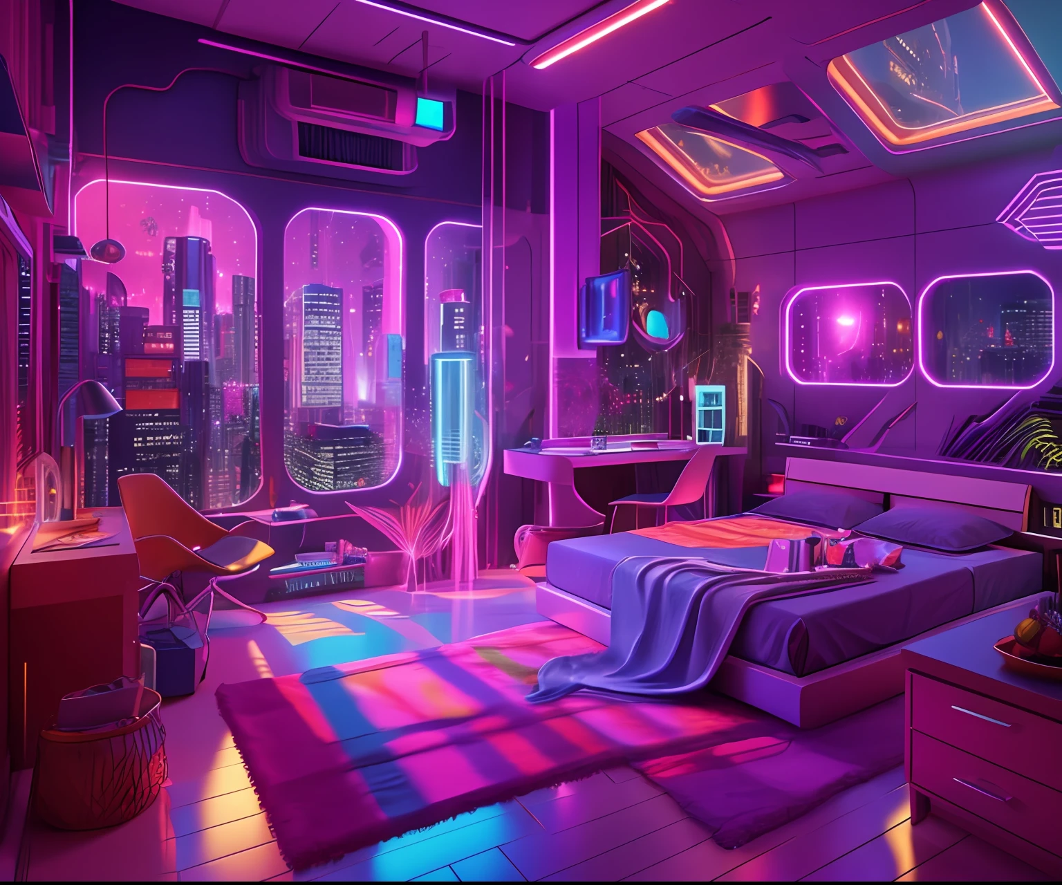 ((masterpiece)), (ultra-detailed), (intricate details), (high resolution CGI artwork 8k), Create an image of a woman's bedroom with low lighting. One of the walls should feature a big window with a busy, colorful, and detailed cyberpunk cityscape. Futuristic style with lots of colors and LED lights. The cityscape should be extremely detailed with depth of field. Utilize atmospheric lighting to create depth and evoke the feel of a busy futuristic city outside the window. Pay close attention to face details like intricate, hires eyes and bedroom accents.