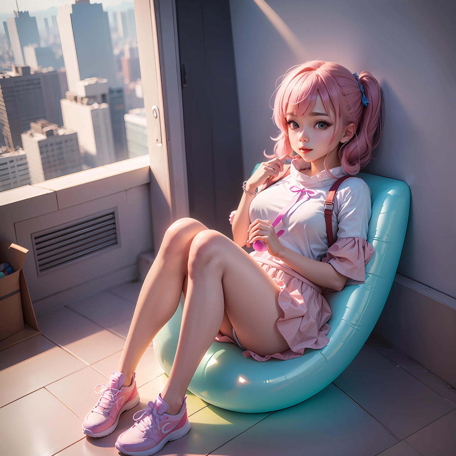official art, masterpiece, sharp focus, (beautiful gorgeous cute korean woman:1.3), (beautiful cute korean woman:1.3), korean beauty, delicate and beautiful hair and eyes and face, realistic, super detailed, beauty girl, blue sky, glow white particles, (side light: 1.2), sunshine, white clouds, fine clouds, slender, pretty breasts and big buttocks, smile with teeth, ((laugh with eyes, open both eyes )), scenery, long straight hair, sexy look, buildings, (cityscape: 1.7), dynamic hair, long straight hair, detailed platinum pink hair, sparkling blue eyes, (blue pleated shirt + white skirt) , white long socks, white skin, hair ornaments, magnificent scenery, --auto