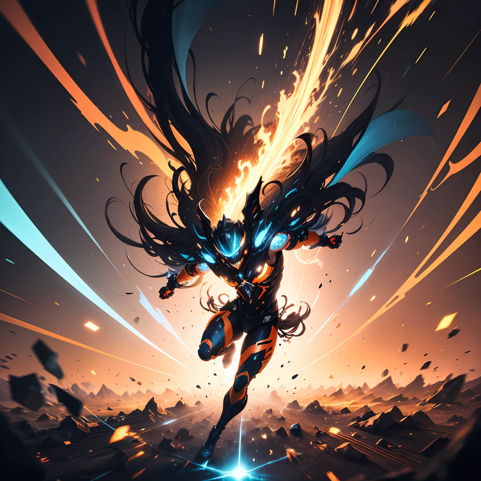 Abstract image, background, (orange, blue, black), (Energy, Movement, Joy), hyper detailed, modern. --auto