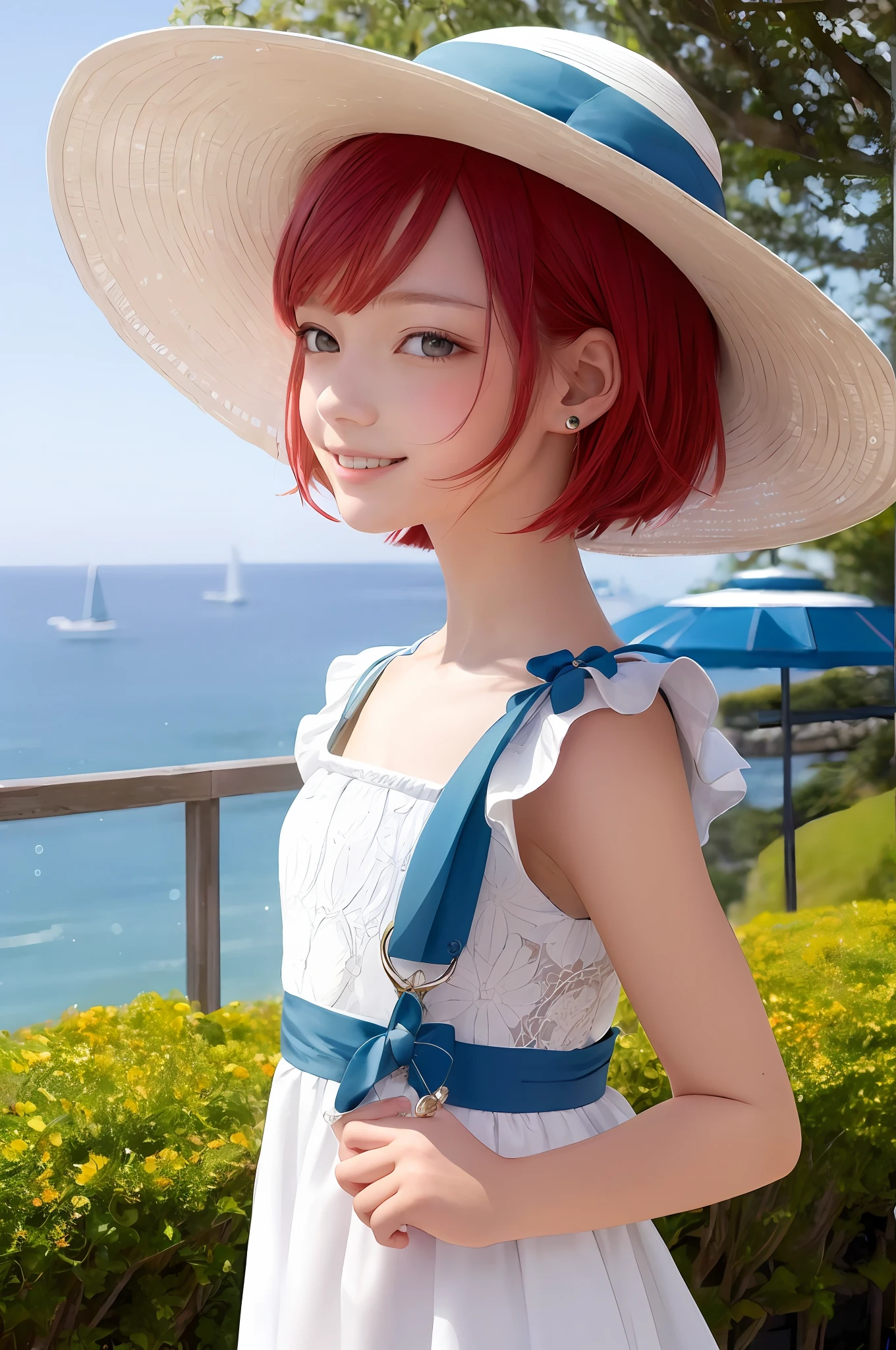 (masterpiece:1.2, best quality), (finely detailed beautiful eyes: 1.2), ((1girl)), ((solo)), (finely detailed eyes and detailed face:1.3), (scenery:1.2), (extremely detailed CG, ultra-detailed, best shadow:1.1), ((depth of field)), beautiful concept illustration, (illustration:1.1), (extremely fine and beautiful:1.1), (perfect details:1.1), cowboy shot, (Arima Kana: 1.2),
(red eye), red short bob hair, smile, happy,
white summer dress,
white hat with blue ribbon,
hilltop, Sea, Sun,