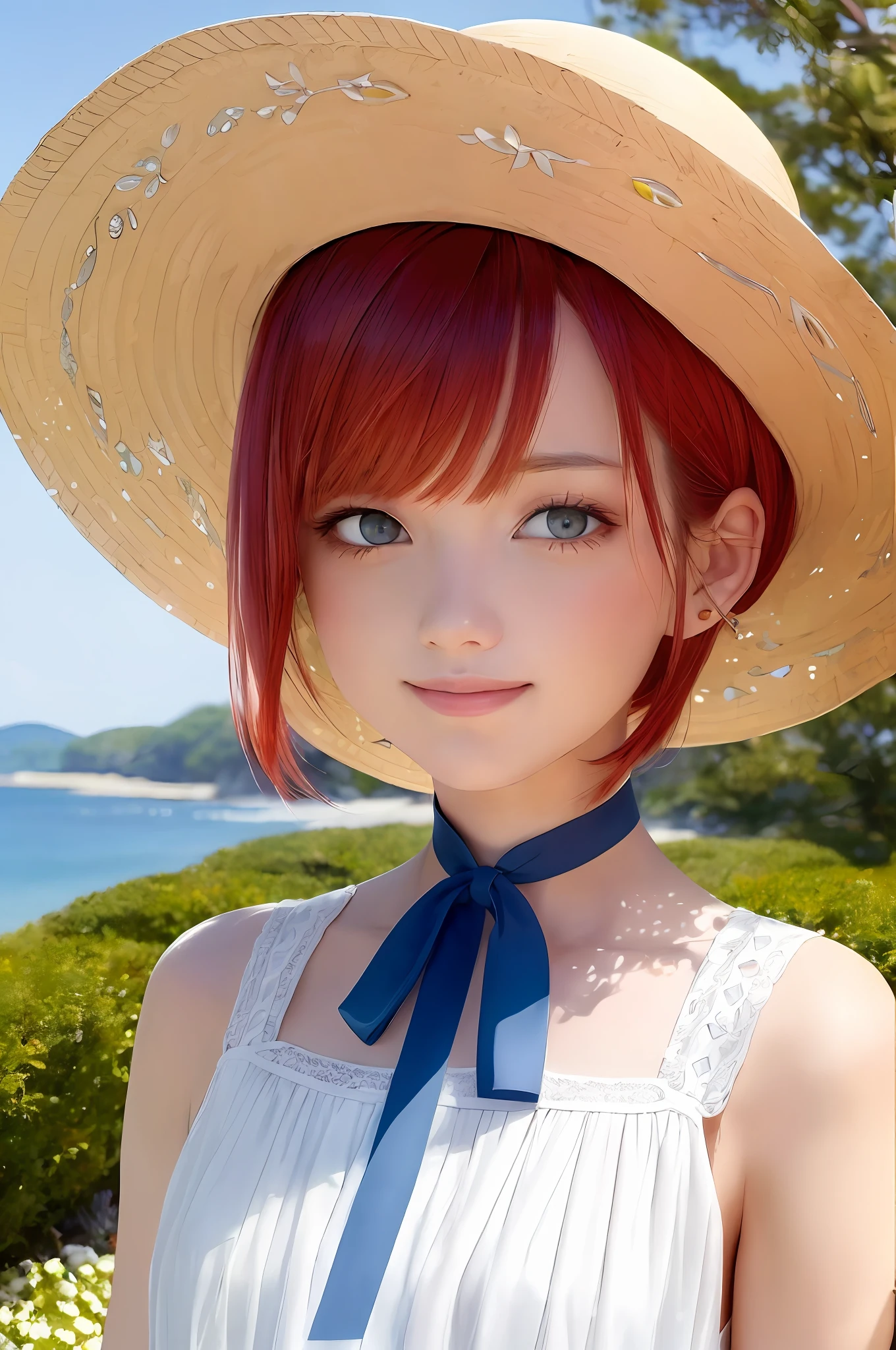 (masterpiece:1.2, best quality), (finely detailed beautiful eyes: 1.2), ((1girl)), ((solo)), (finely detailed eyes and detailed face:1.3), (scenery:1.2), (extremely detailed CG, ultra-detailed, best shadow:1.1), ((depth of field)), beautiful concept illustration, (illustration:1.1), (extremely fine and beautiful:1.1), (perfect details:1.1), cowboy shot, (Arima Kana: 1.2),
(red eye), red short bob hair, smile, happy,
white summer dress,
white hat with blue ribbon,
hilltop, Sea, Sun,