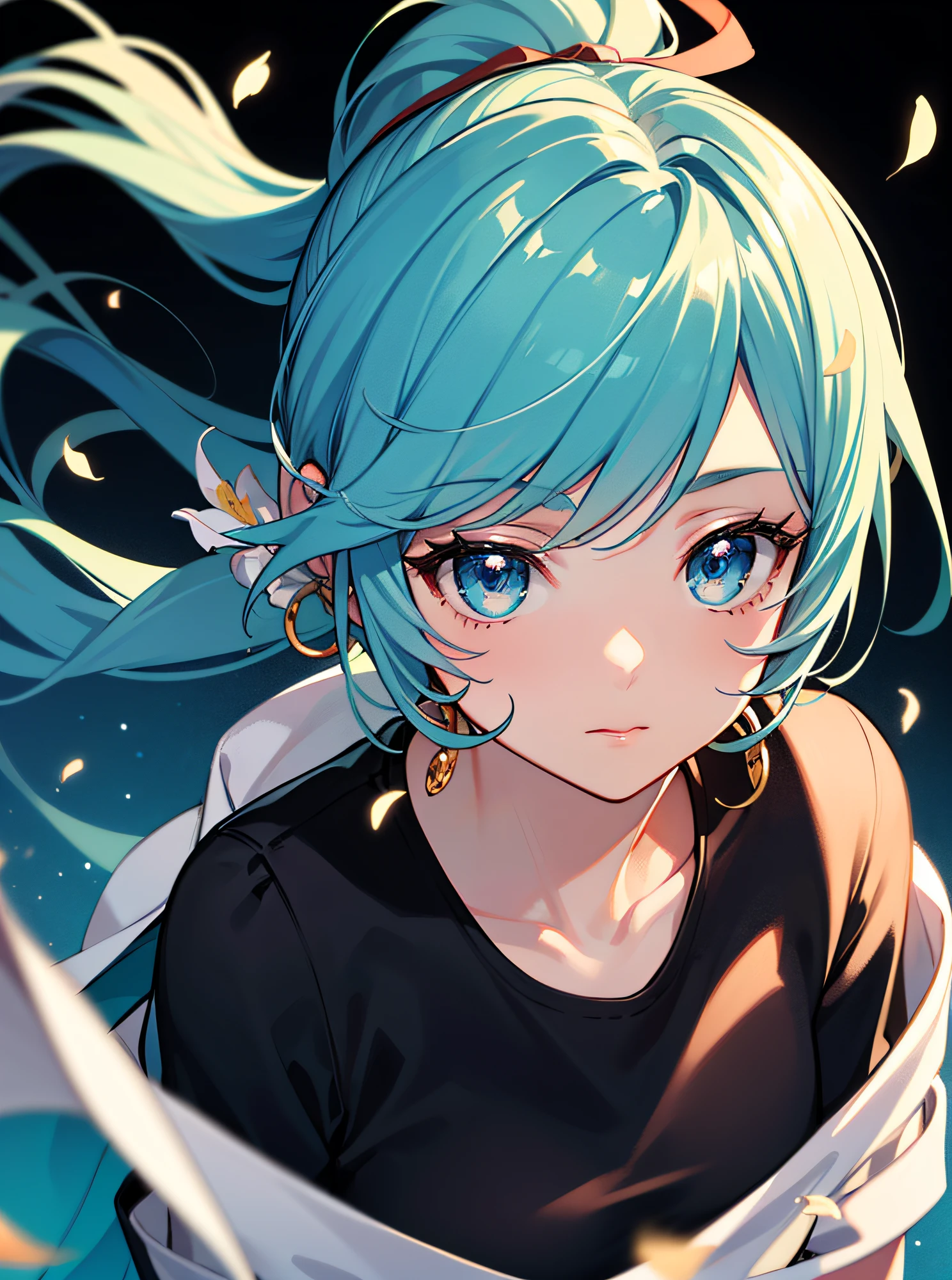 (masterpiece), (best quality), (ultra detailed),(disheveled hair),(illustration), (1girl), (Fashionable clothing), standing, Fashion model, looking at viewer, (interview), (simple background),beautiful detailed eyes, delicate beautiful face, Floating,(high saturation),(colorful splashes),colorful bubble,(shining), focus on face, ponytail, kamisato ayaka, light blue hair, bangs, hair ring, floating flowers, floating hairs, (shining), best lighting, best shadow,