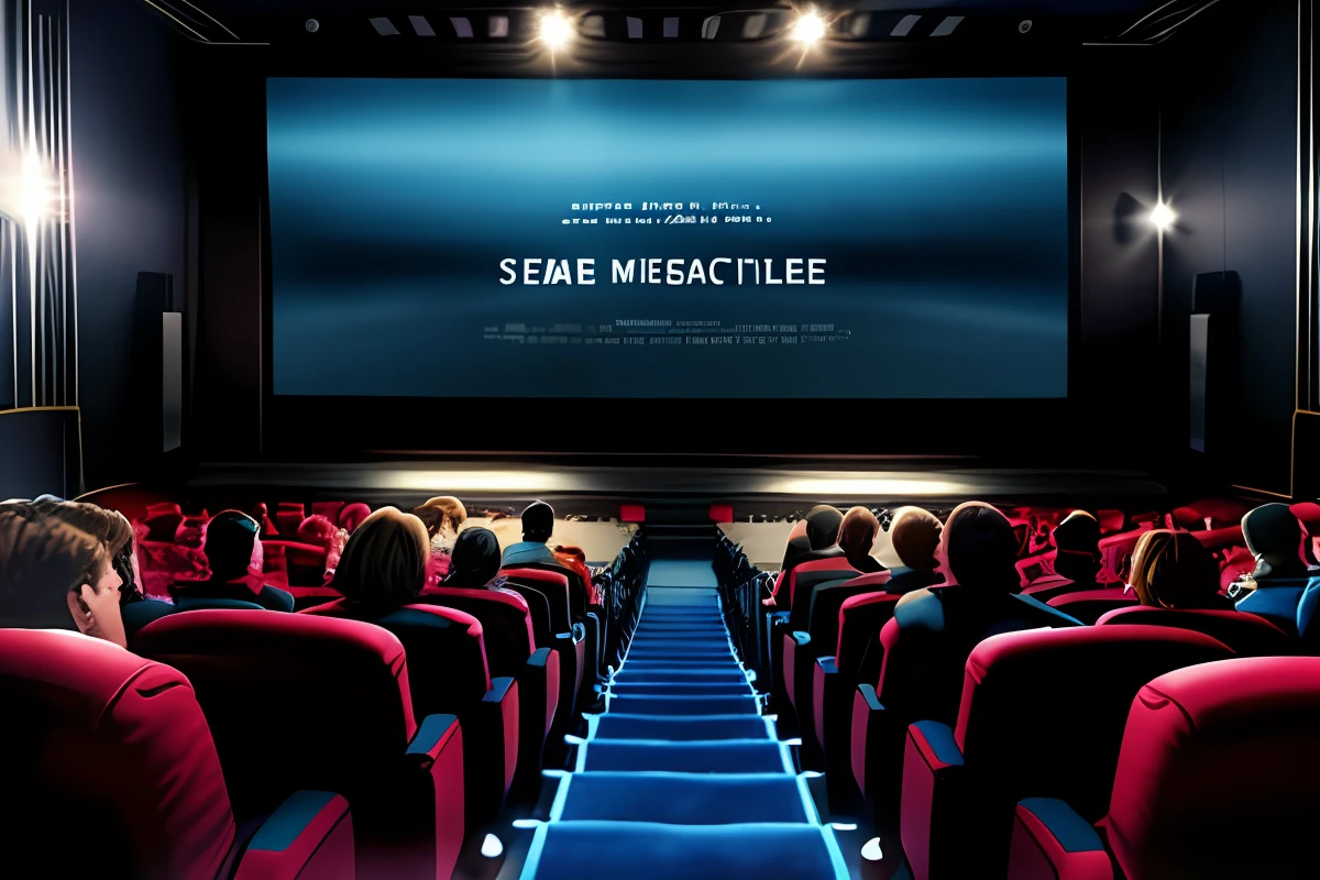 people sitting in a theater watching a movie on a large screen, cinematic screen, in a cinema, sitting in a movie theater, expansive cinematic view, cinematic movie image, wide screen format, movie promo, photo of the cinema screen, cinematic view!!!, award-winning cinema, movie poster with no text, movies, cinematic view from lower angle, cinema