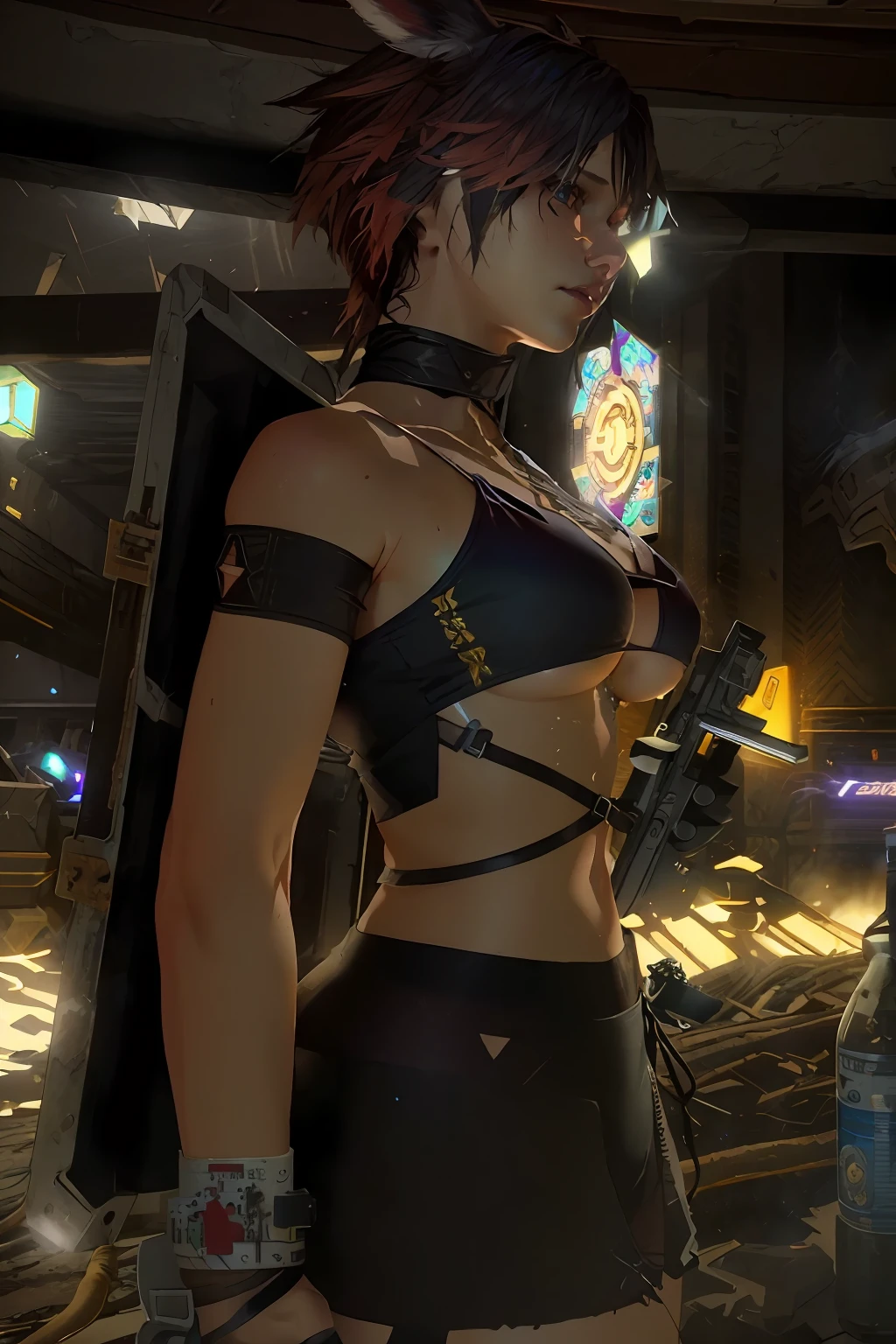 (dramatic lighting), masterpiece, best quality, sinister RAAW photo, of female female in high top panties , skin showing, sexy legs, low ready, (dirty, grimy), ominous flickering fluorescent light, final fantasy 14 viera character, FFxiv, Bikini top Final fantasy female raytracing, vivid details, cinematic lighting, subsurface scattering, particle system, ((DARK)), photographed on a Sony Alpha 7R V, 24mm film lens, F2.8 aperture, (cool color temperature), (blue filter:0.6), (hyperdetailed, intricately detailed), photorealistic, film like, light refraction, 8k, shadow casting, 8mm film grain, film still from dead space, dynamic angle, (full body:0.9), cowboy shot