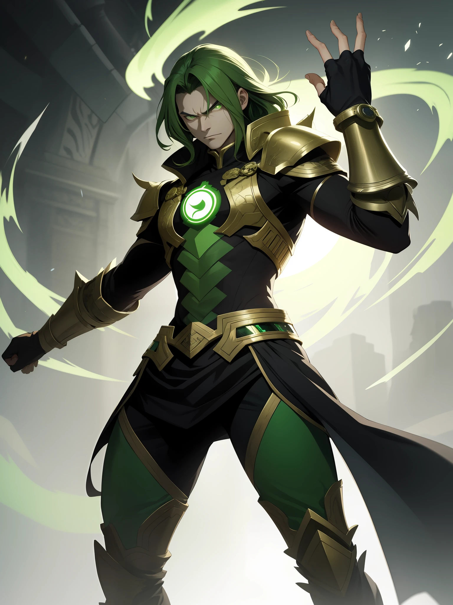 Chinese man with an armor made of jade, green eyes, big hair with green locks, with a gauntlet made of jade, with an aura of jade, with an evil look