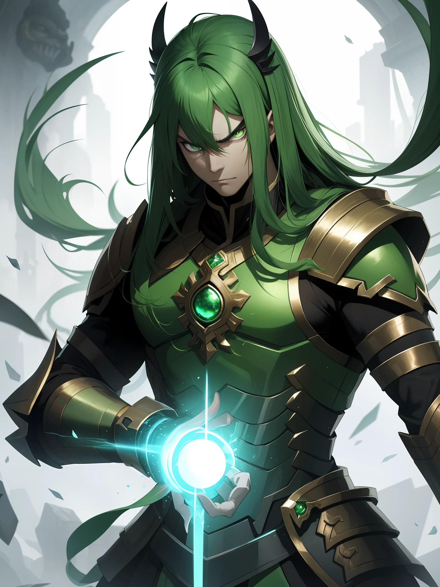 Chinese man with an armor made of jade, green eyes, big hair with green locks, with a gauntlet made of jade, with an aura of jade, with an evil look