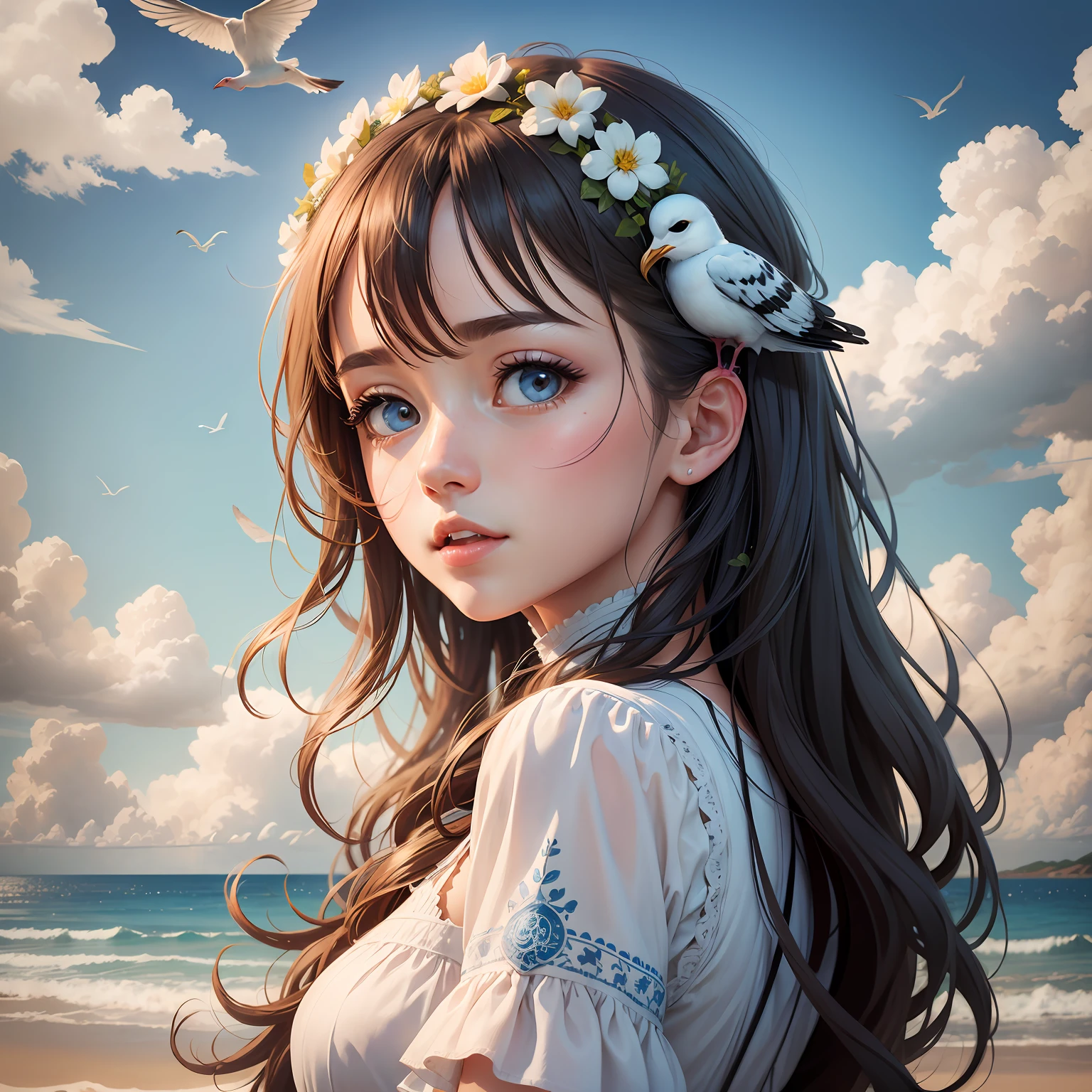 A beautiful girl holds a white dove under the blue sky, smiling warmly --auto