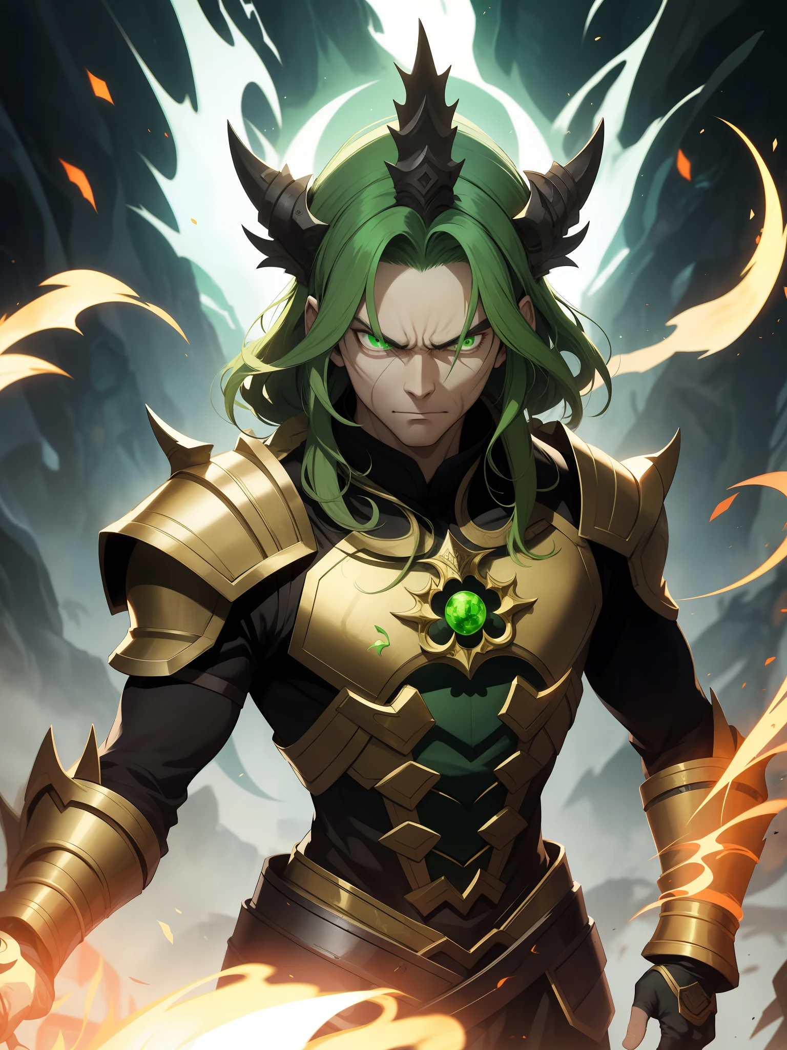 Chinese man with an armor made of jade, green eyes, big hair with green locks, with a gauntlet made of jade, with an aura of jade, with an evil look